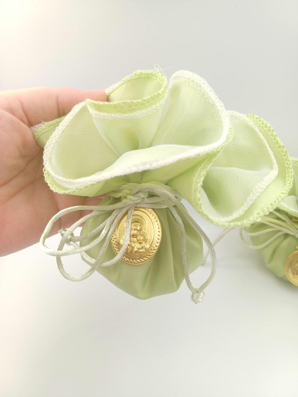 Baptism icon Favor mint green taffeta bag, Greek Orthodox Panagia and Christos Bombonieres,, traditional koufeta bags, Communion favor 10pcs