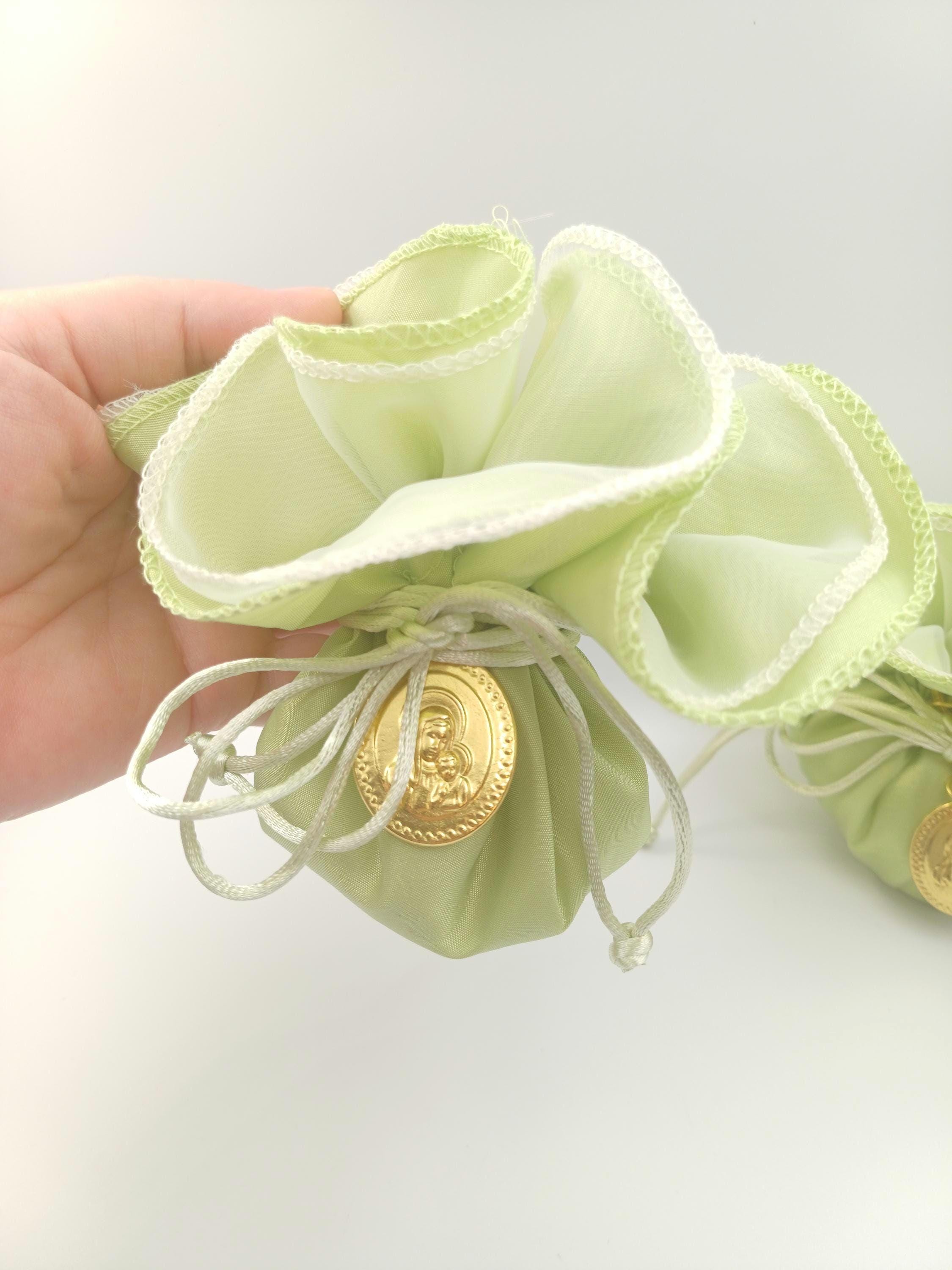 Baptism icon Favor mint green taffeta bag, Greek Orthodox Panagia and Christos Bombonieres,, traditional koufeta bags, Communion favor 10pcs