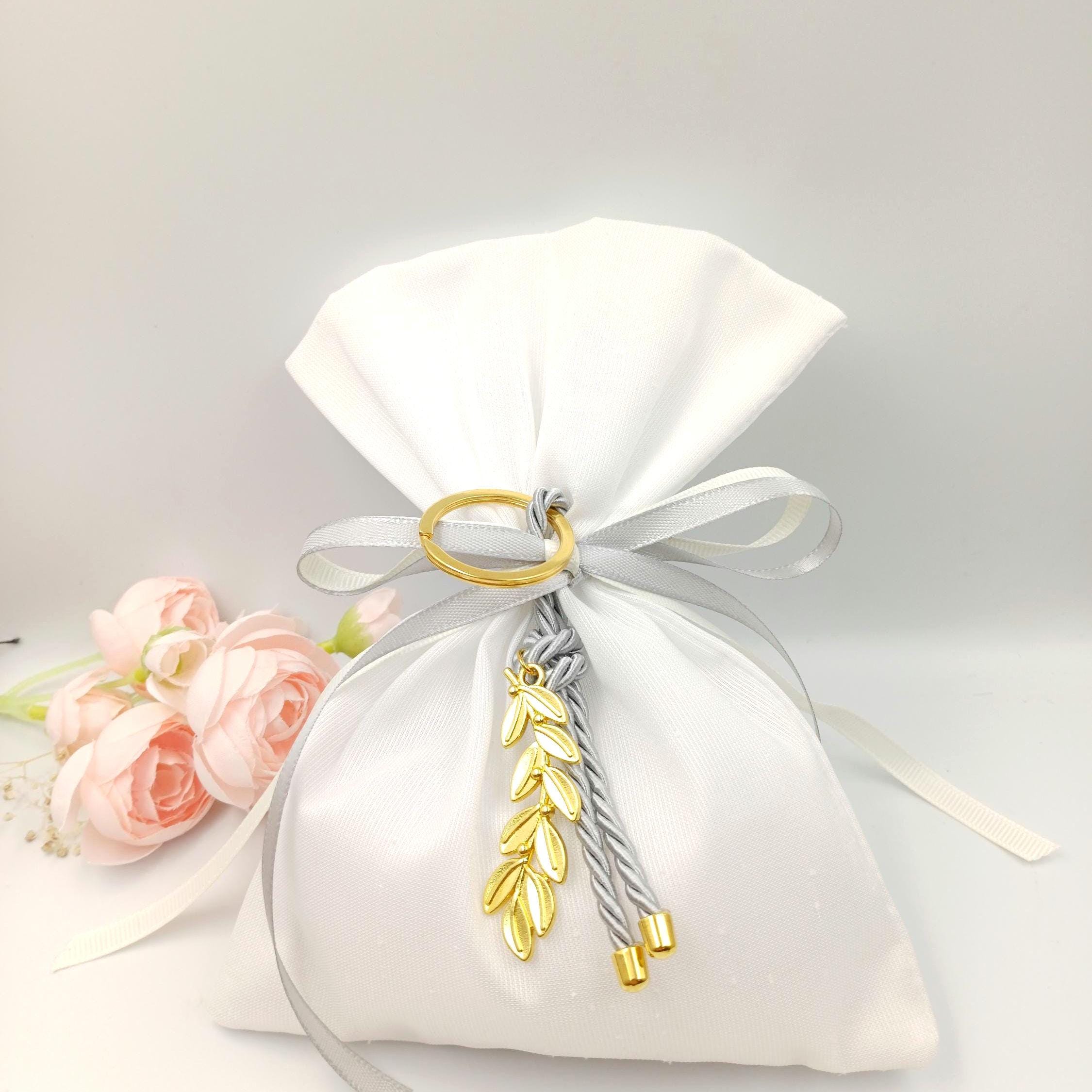 Greek Wedding Favors - Olive branch key chain Bombonieres White bags with grey keychain-Orthodox baptism - Unique Wedding Favor 10 pcs.