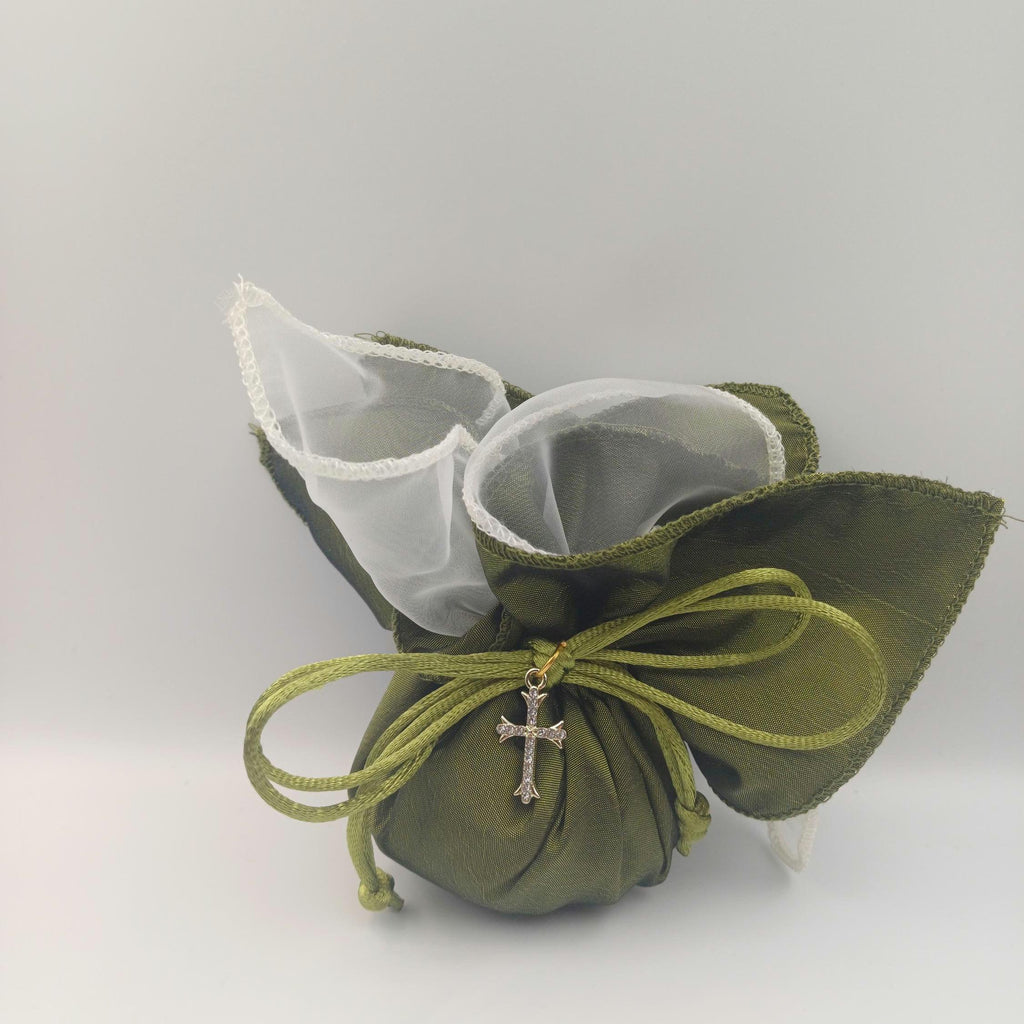 Baptism cross Favor olive green taffeta pouch, Greek Orthodox Wedding Bombonieres,bribal shower gift, traditional tulle koufeta bags, 10pcs.