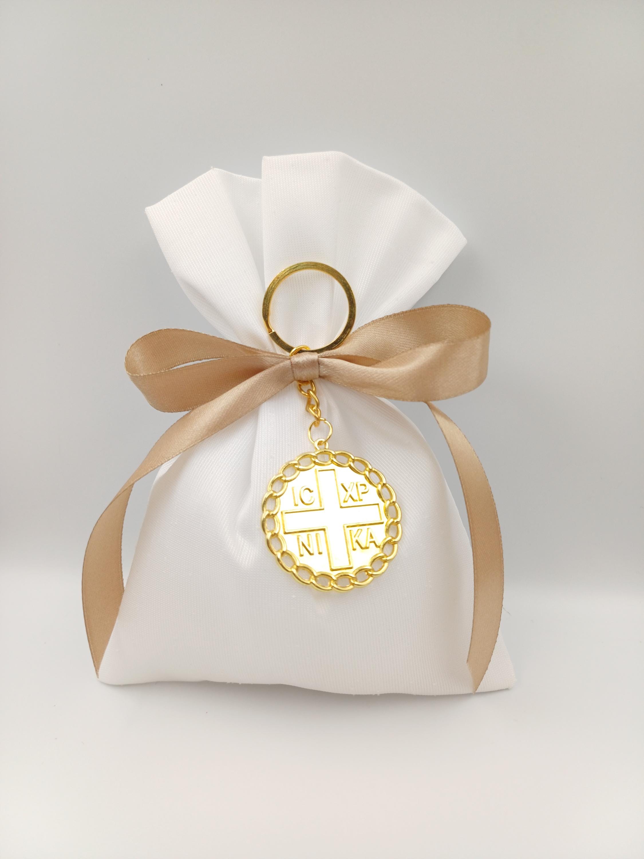 10 pcs, Greek baptism bombonieres, Orthodox Favors - ICXCNIKA Keychain- Christening Gifts for guests -Wedding bags koufeta  jordan almond.