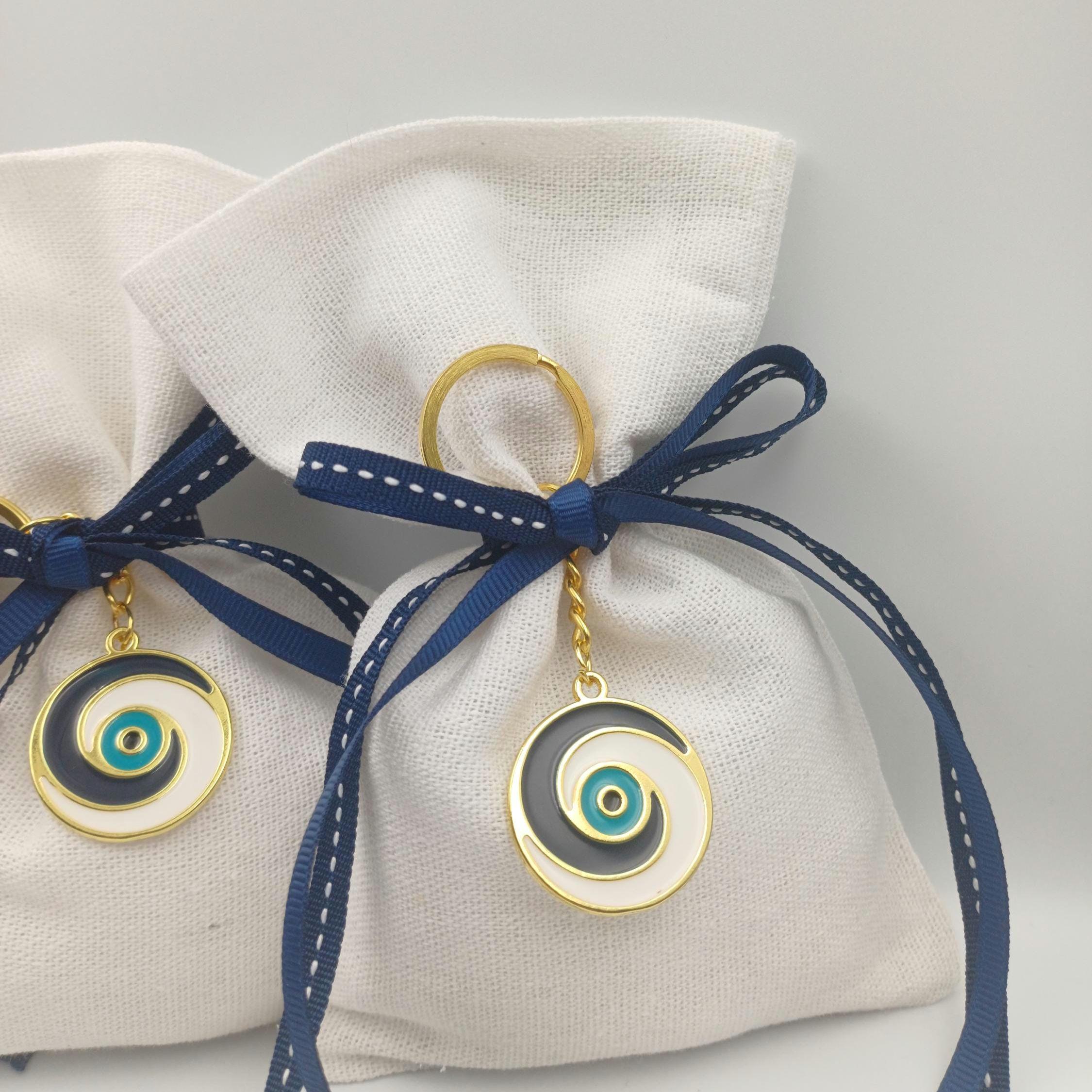 10 pcs, Greek baptism bombonieres, Orthodox Favors - Evil Eye Martyrika Keychain- Linen gift bags -Mibautizo -boy baptismal communion favors