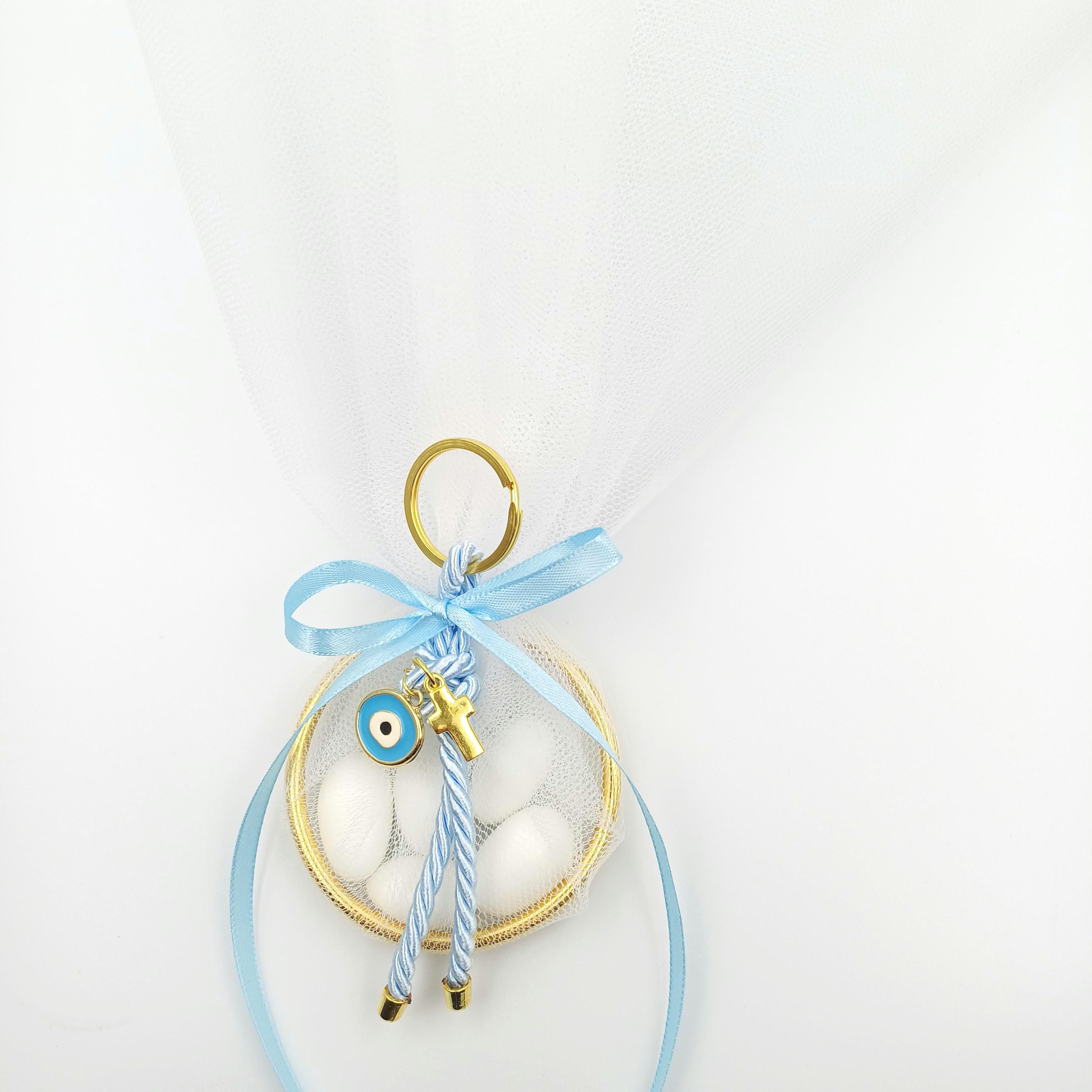 10 pcs, Greek baptism Mpomponieres ,Ring Tulle Bags, Boy baptism, Christening  favor, Evil eye  Bombonieres, almond candy bags,Martyrika