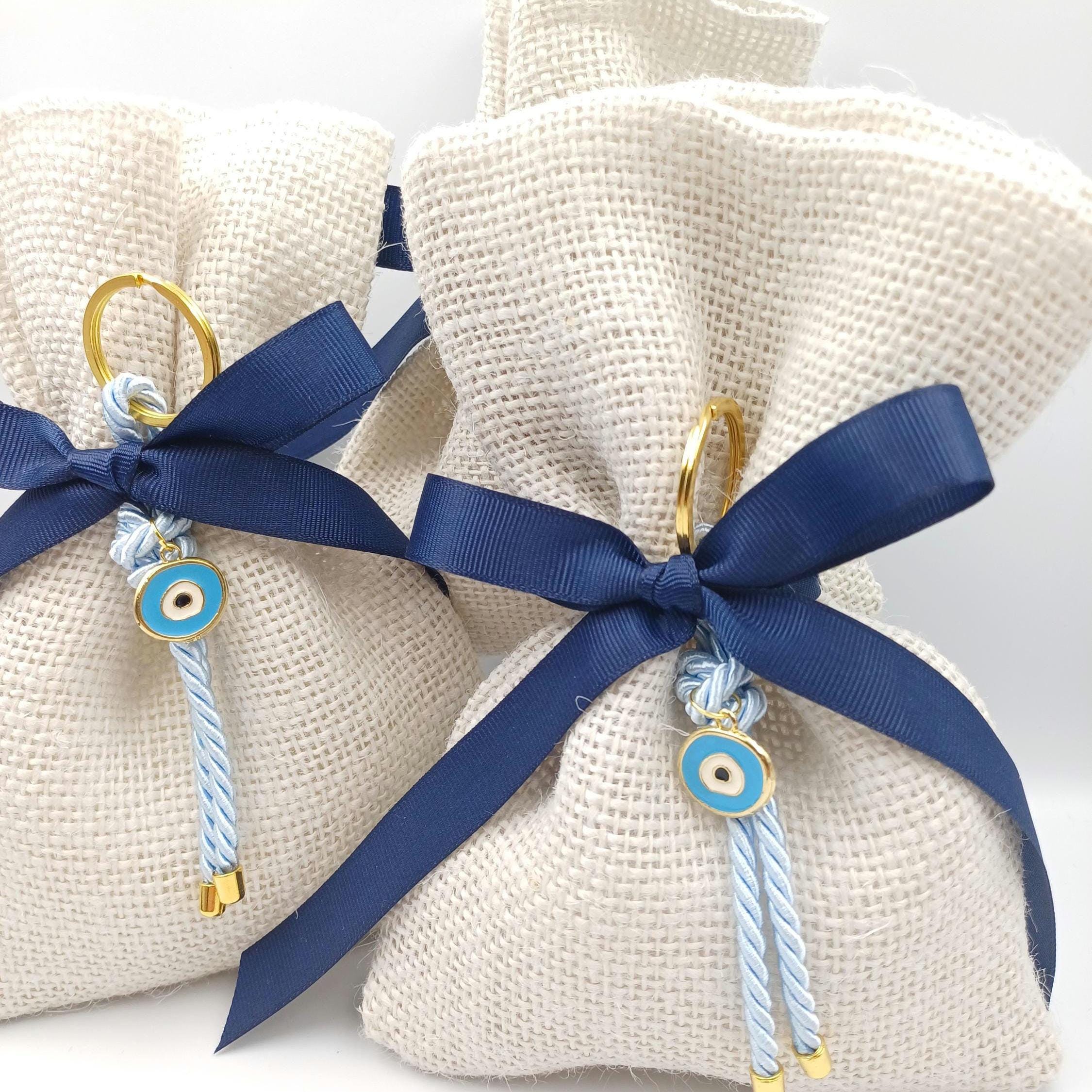 10 pcs, Baptism Almond Candy Favors, Greek Orthodox bombonieres, Baby Shower gifts ,Rustic Baptism Favors burlap bag, Evil eye keychain.