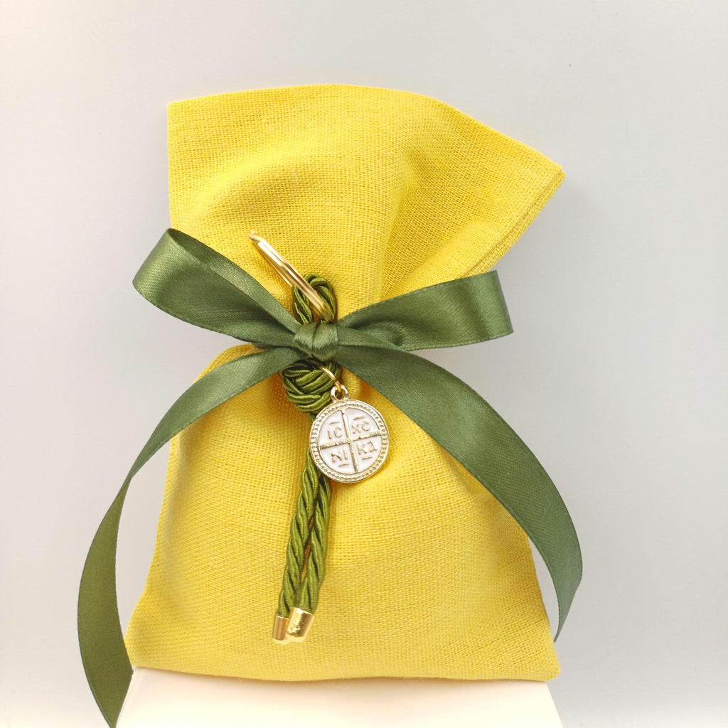 10 pcs, Greek  Orthodox baptism boubounieres, cross Key chain Boy baptism, Koufeta Almond candy linen bags, summer favors greek baptism.