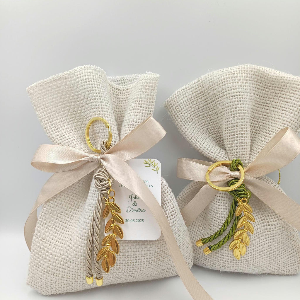 Greek Orthodox  bombonieres,Wedding  Almond Candy Favors , Olive branch favors,Bridal Shower,Rustic baptism Favors burlap bag,Koufeta, 10 pcs