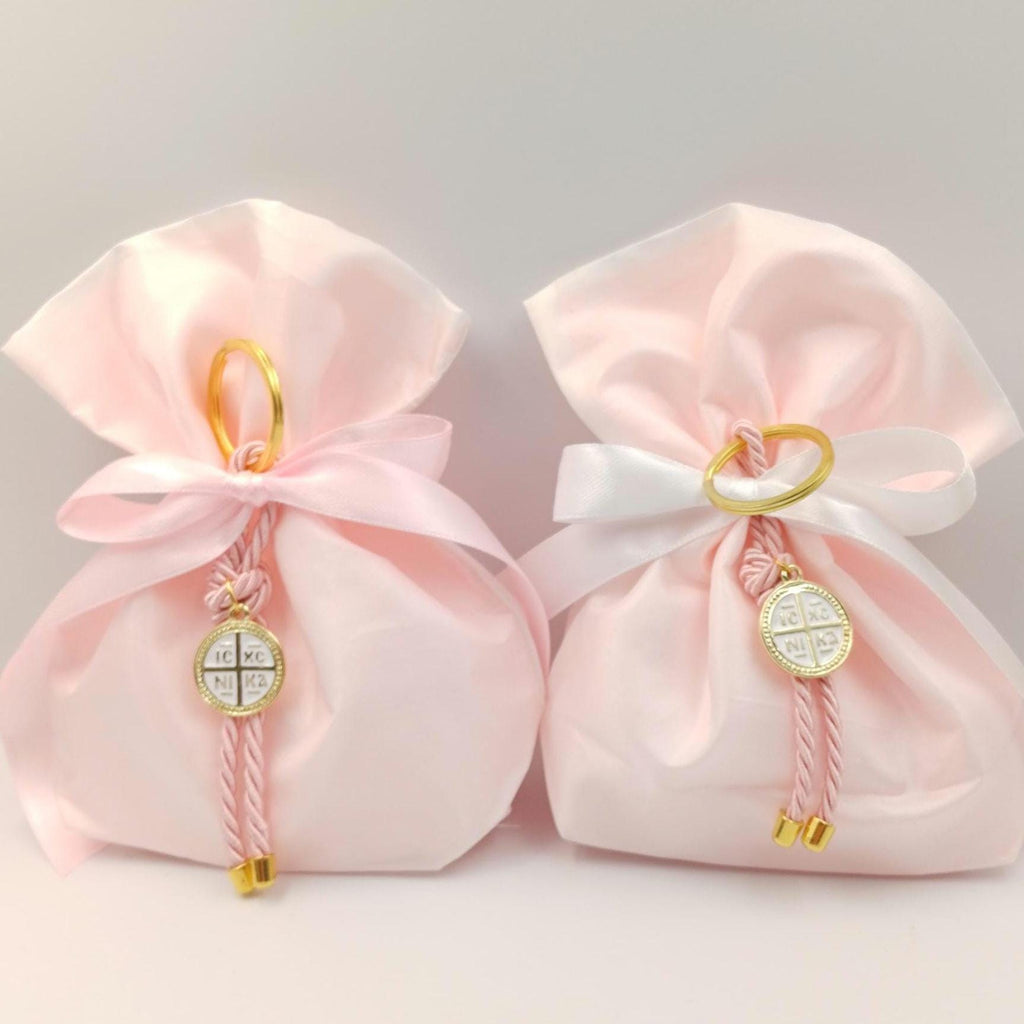 10 pcs, Greek Orthodox pink baptism boubounieres, Cross keychain Martyrika,Girl baptism, Koufeta, baptism favors,Koufeta Almond candy pouch.