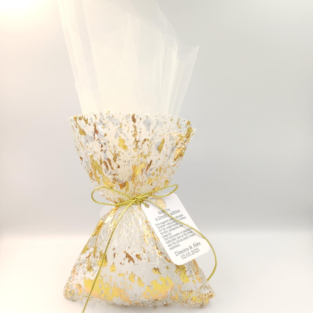 Gold Wedding Favors Greek Bombonieres Gold leaves pouch with tulle , Orthodox baptism gifts Unique shimmering Wedding koufeta Favor ,10 pcs.
