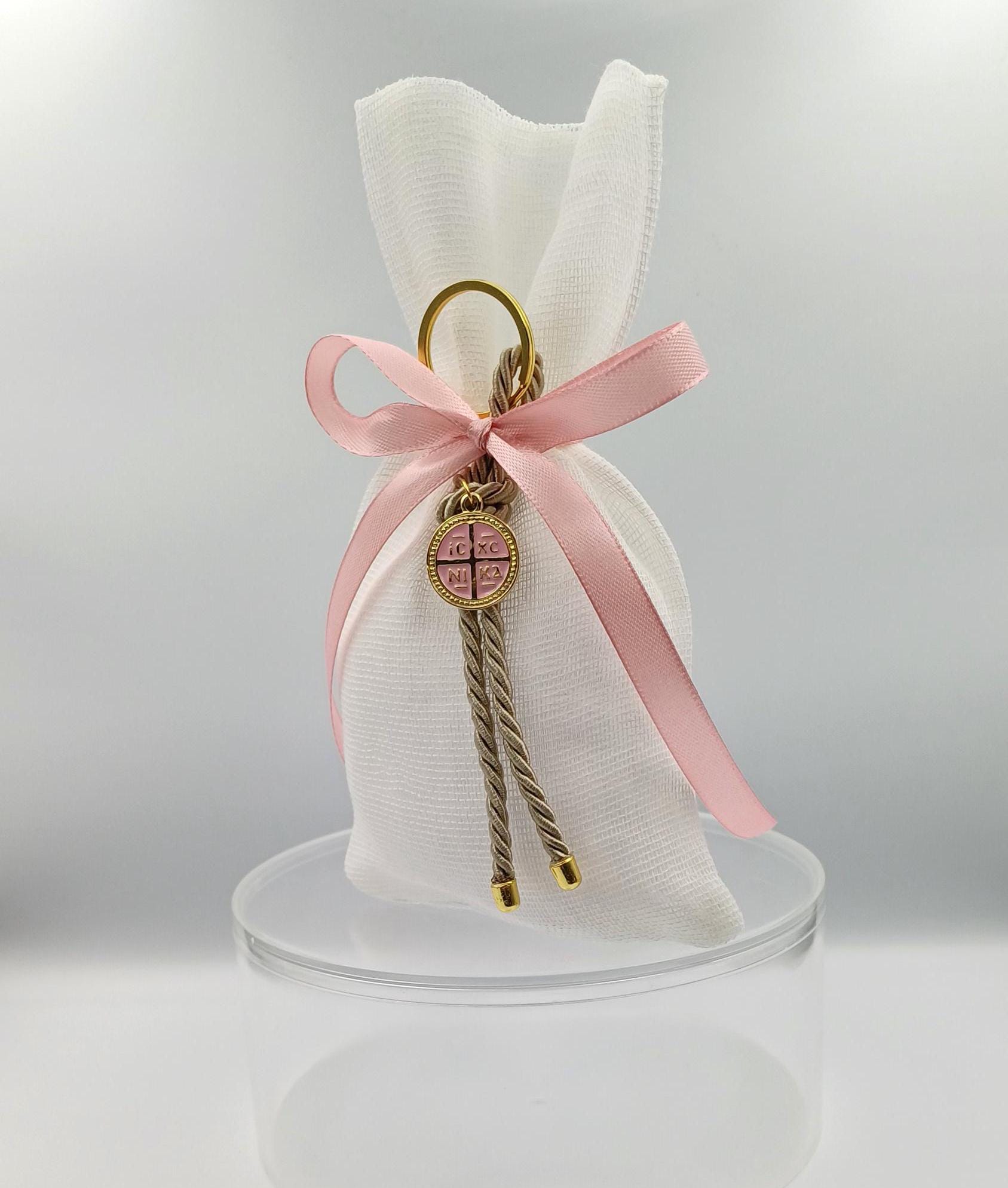 10 pcs, Greek baptism boubounieres, Constantinato Martyrika, Girl baptism, Koufeta ,Orthodox pink Mpomponieres,Koufeta Almond candy pouches.