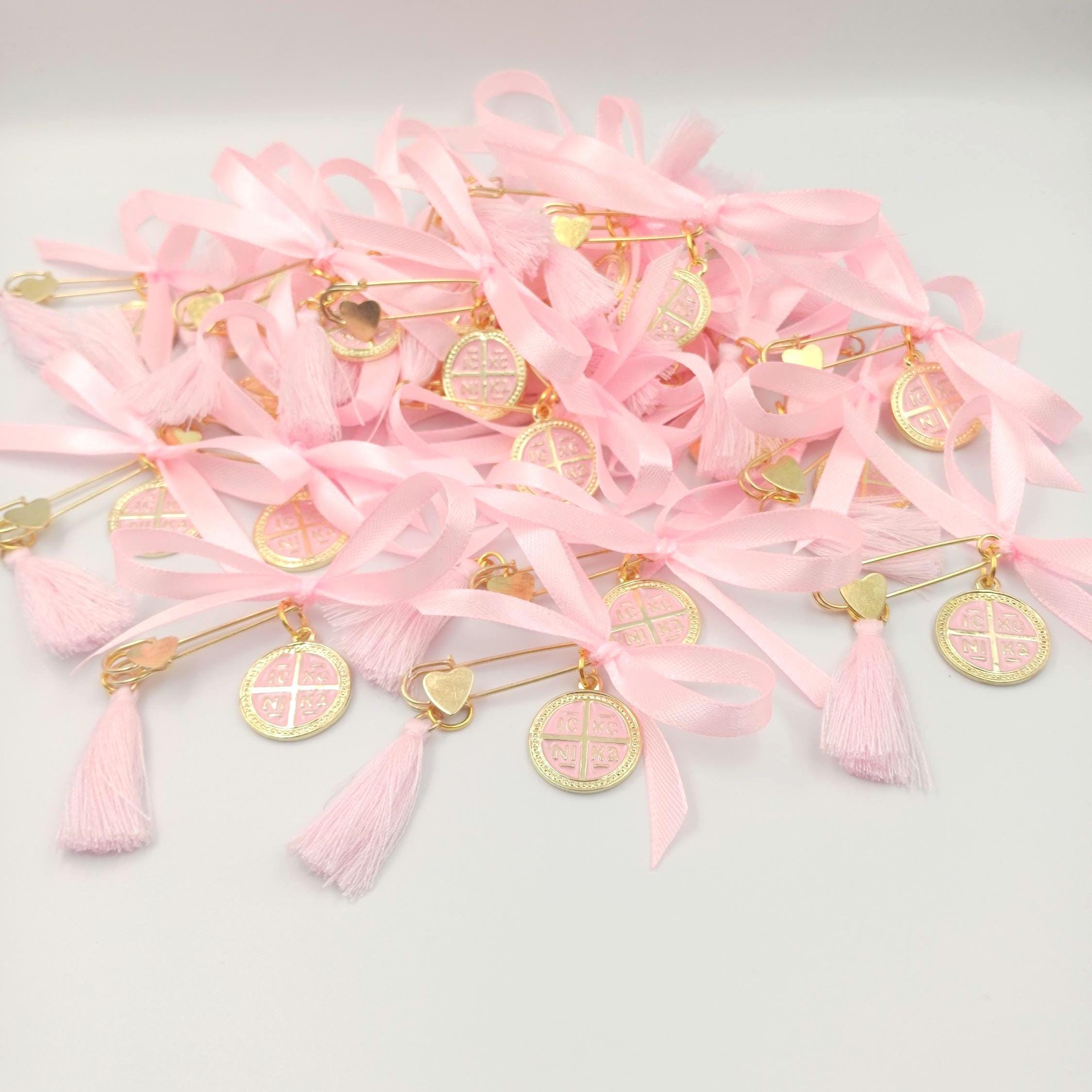 Greek Baptism Pins for girl,  Martyrika Witness Pins, Pink cross Baptism Favors, Greek Orthodox Baptism , First Communion Favors, 10 pcs.