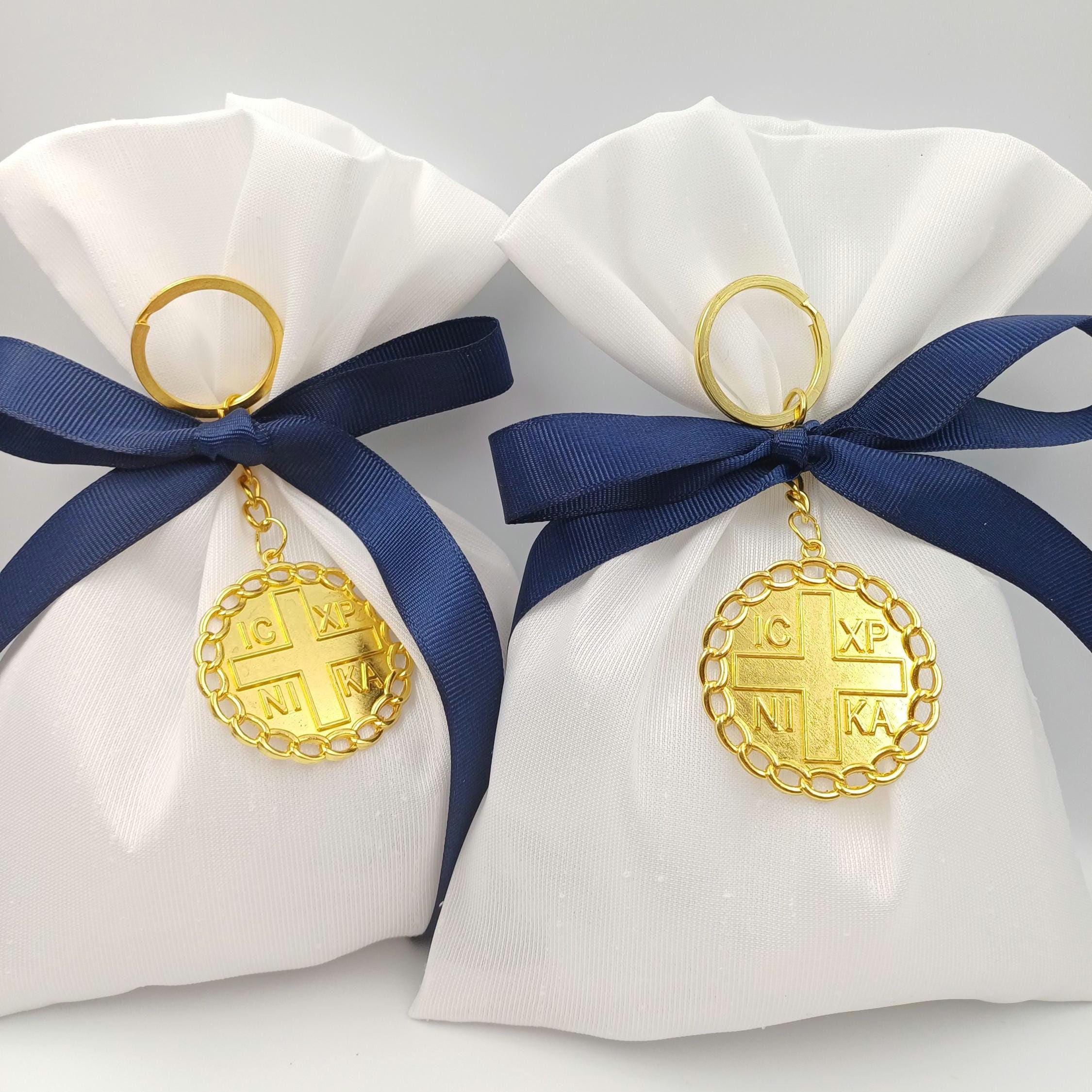 10 pcs, Greek baptism bombonieres, Orthodox Favors - ICXCNIKA Keychain- Christening Gifts for guests -Boy baptism bag koufeta  jordan almond