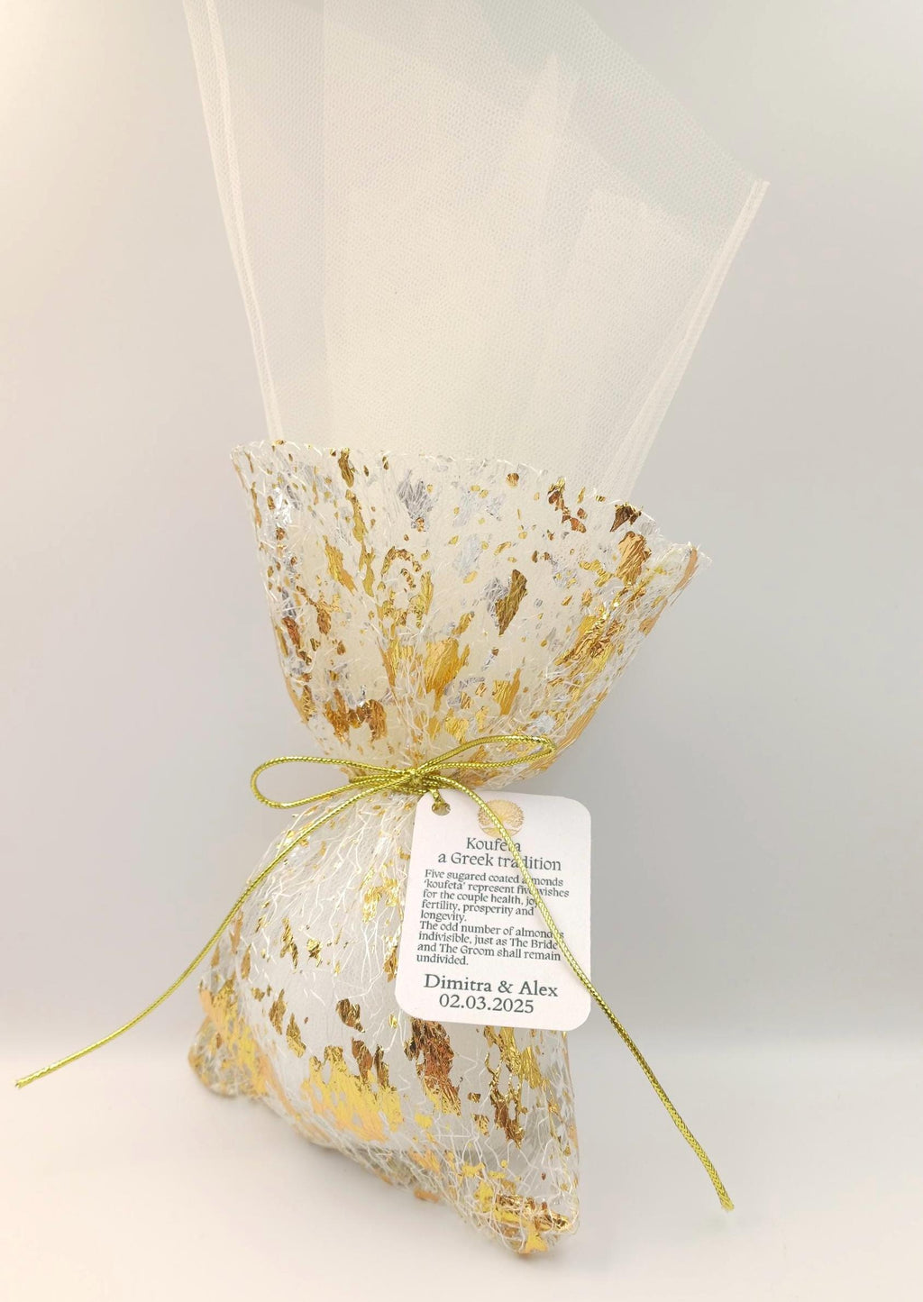 Gold Wedding Favors Greek Bombonieres Gold leaves pouch with tulle , Orthodox baptism gifts Unique shimmering Wedding koufeta Favor ,10 pcs.