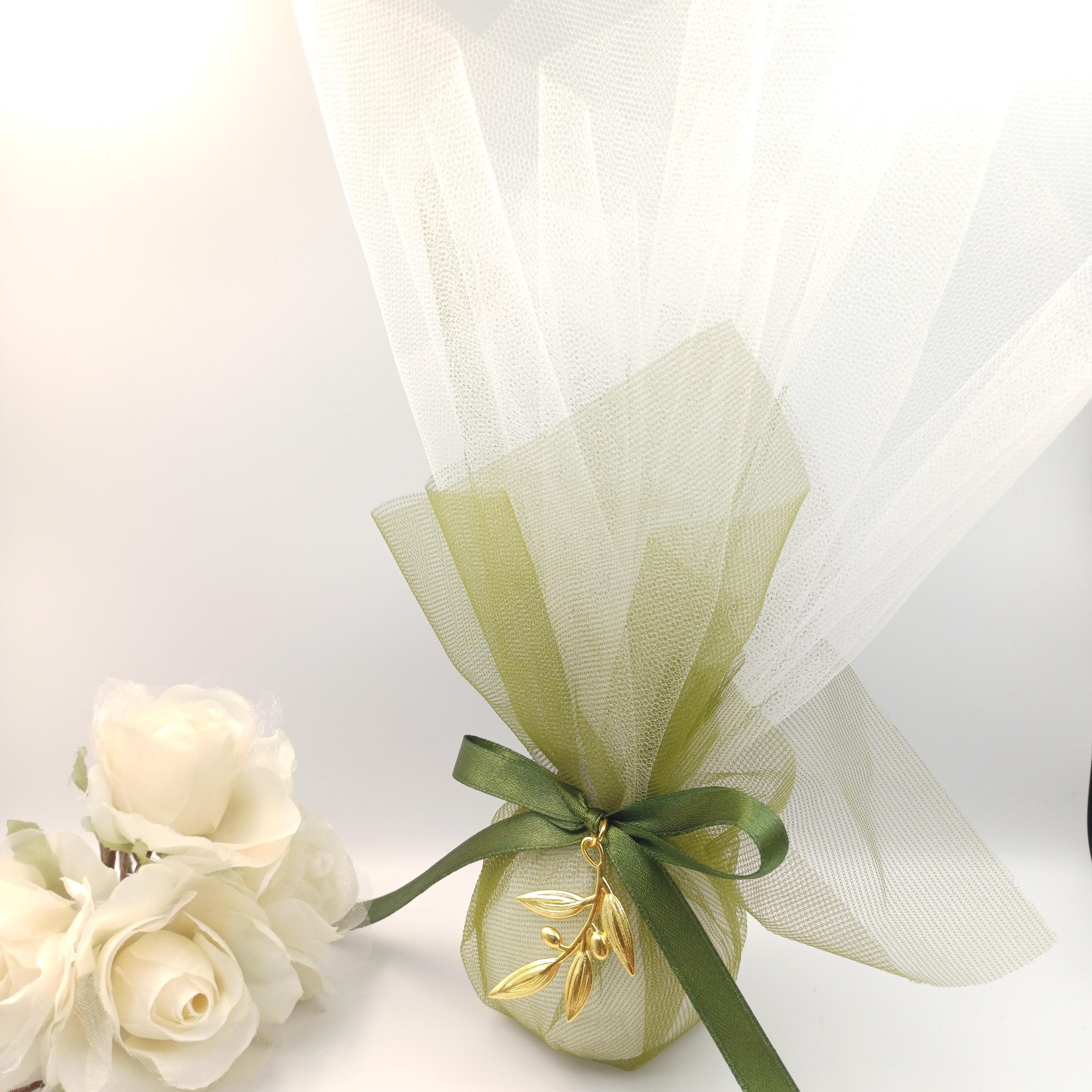 Wedding Favor with Olive Tree Branch in olive green tulle, Greek Orthodox Wedding Bombonieres, traditional tulle koufeta bags, 10pcs.