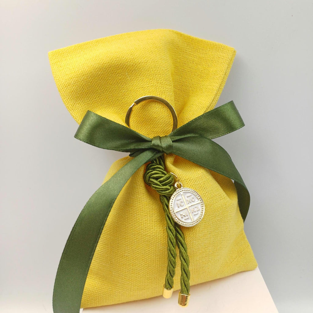 10 pcs, Greek  Orthodox baptism boubounieres, cross Key chain Boy baptism, Koufeta Almond candy linen bags, summer favors greek baptism.