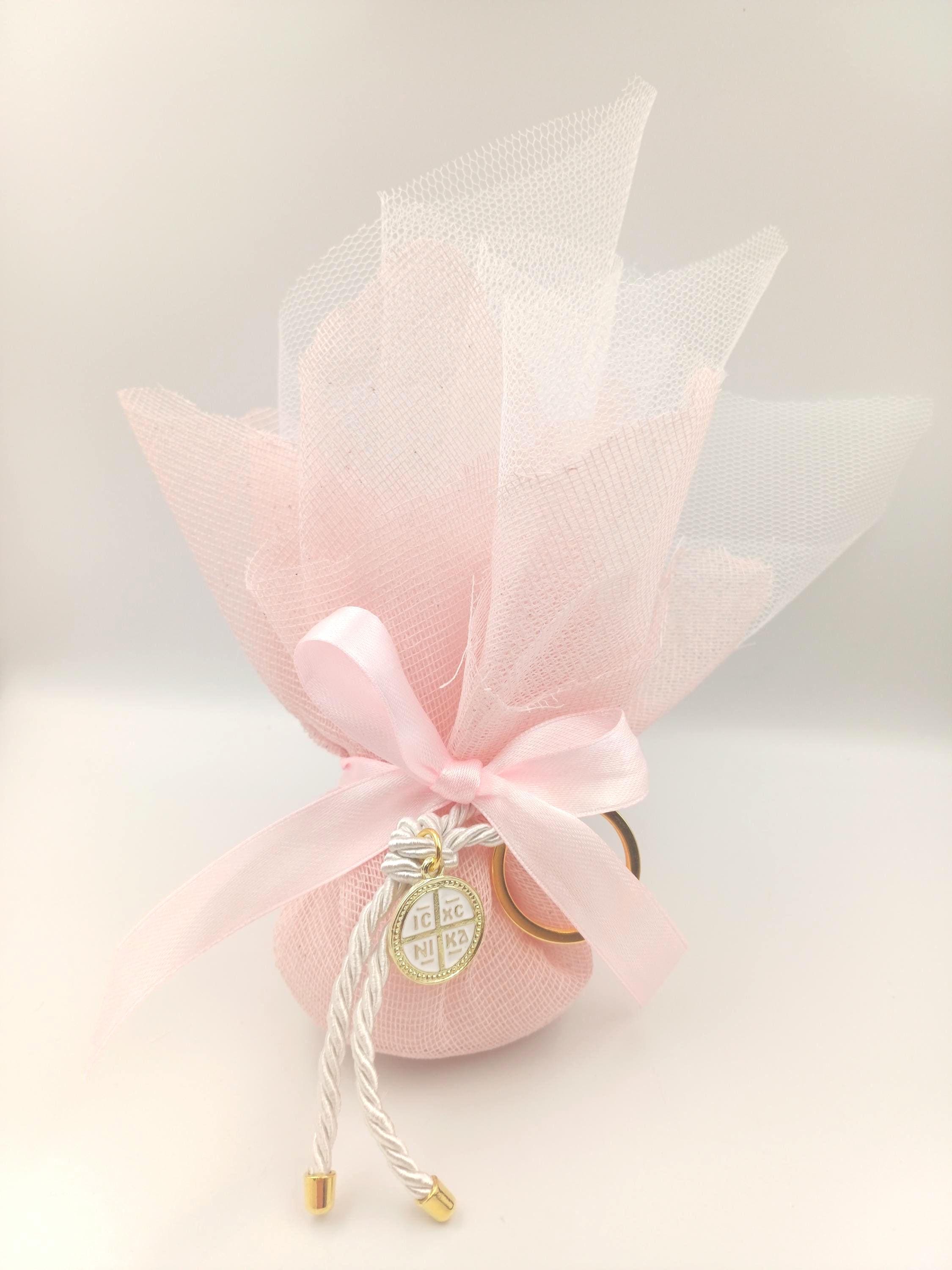 10 pcs,Baptism cross keychain Favors, Greek baptism boboniera Koufeta Christening pink tulle Orthodox favor for girl,baby shower gifts.