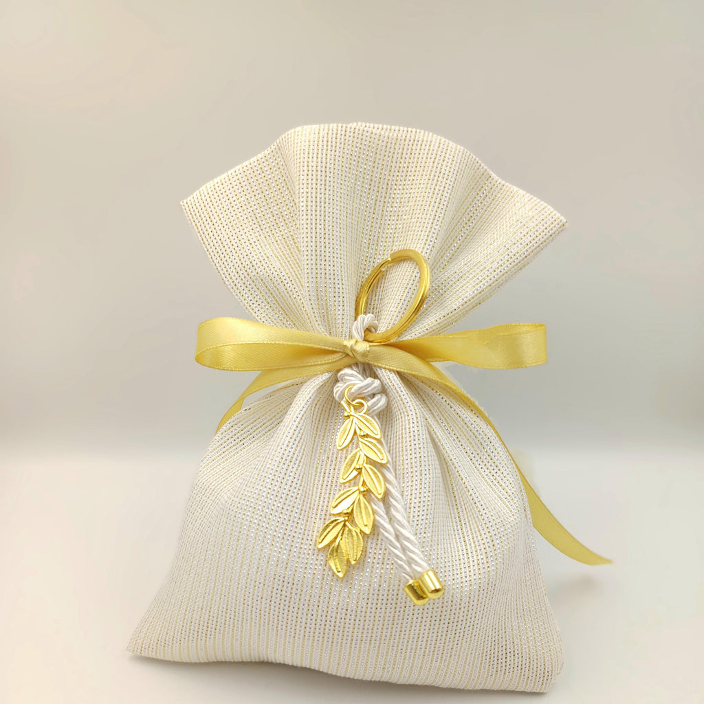 Gold ivory Wedding Favors  Olive key chain greek Bombonieres Orthodox baptism Unique Shimmering Wedding Favor jordan almond candy bag 10 pcs