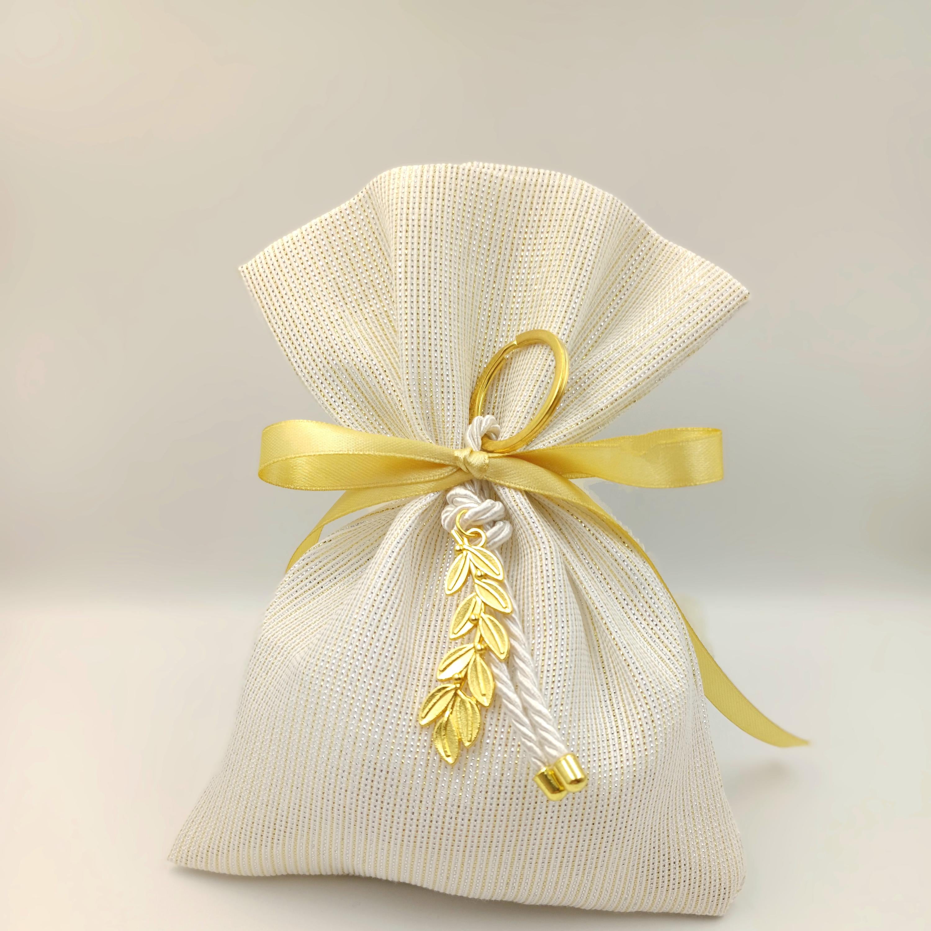 Gold ivory Wedding Favors  Olive key chain greek Bombonieres Orthodox baptism Unique Shimmering Wedding Favor jordan almond candy bag 10 pcs