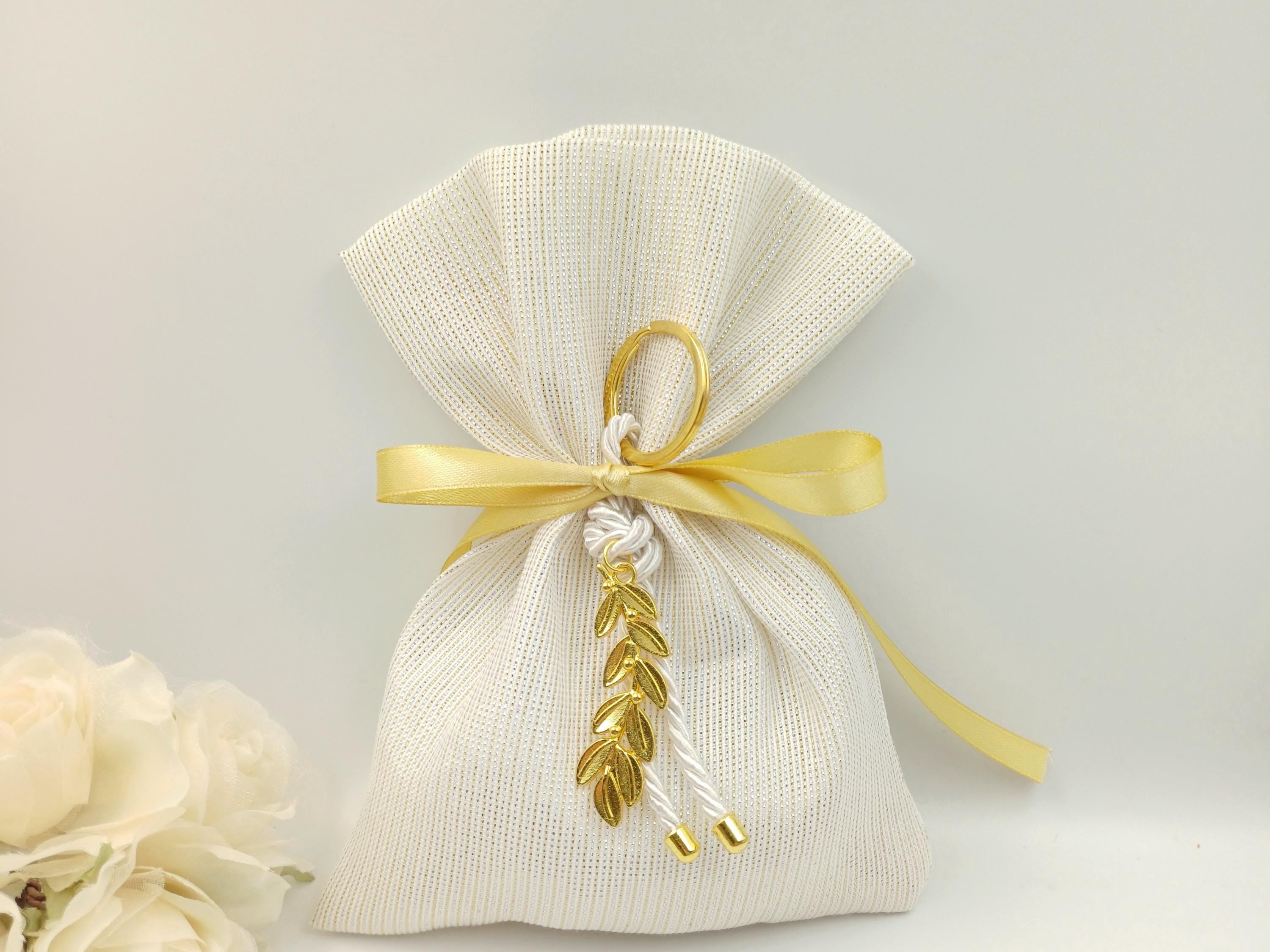 Gold ivory Wedding Favors  Olive key chain greek Bombonieres Orthodox baptism Unique Shimmering Wedding Favor jordan almond candy bag 10 pcs