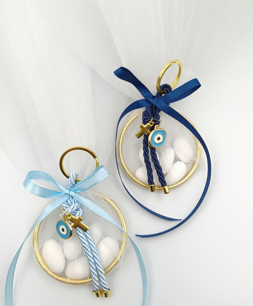 10 pcs, Greek baptism Mpomponieres ,Ring Tulle Bags, Boy baptism, Christening  favor, Evil eye  Bombonieres, almond candy bags,Martyrika