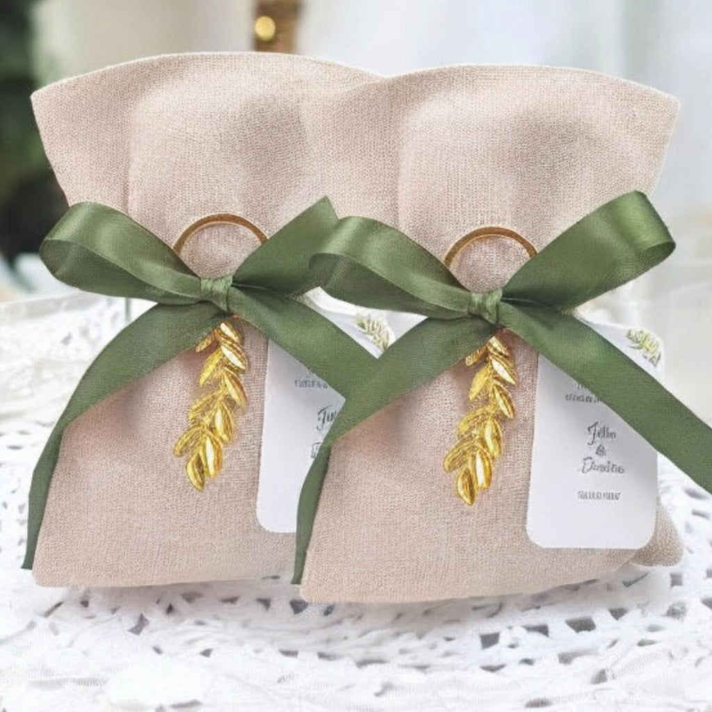 10 pcs Personalized Greek Wedding Favors – Olive Branch Bombonieres with Koufeta – Linen Pouches