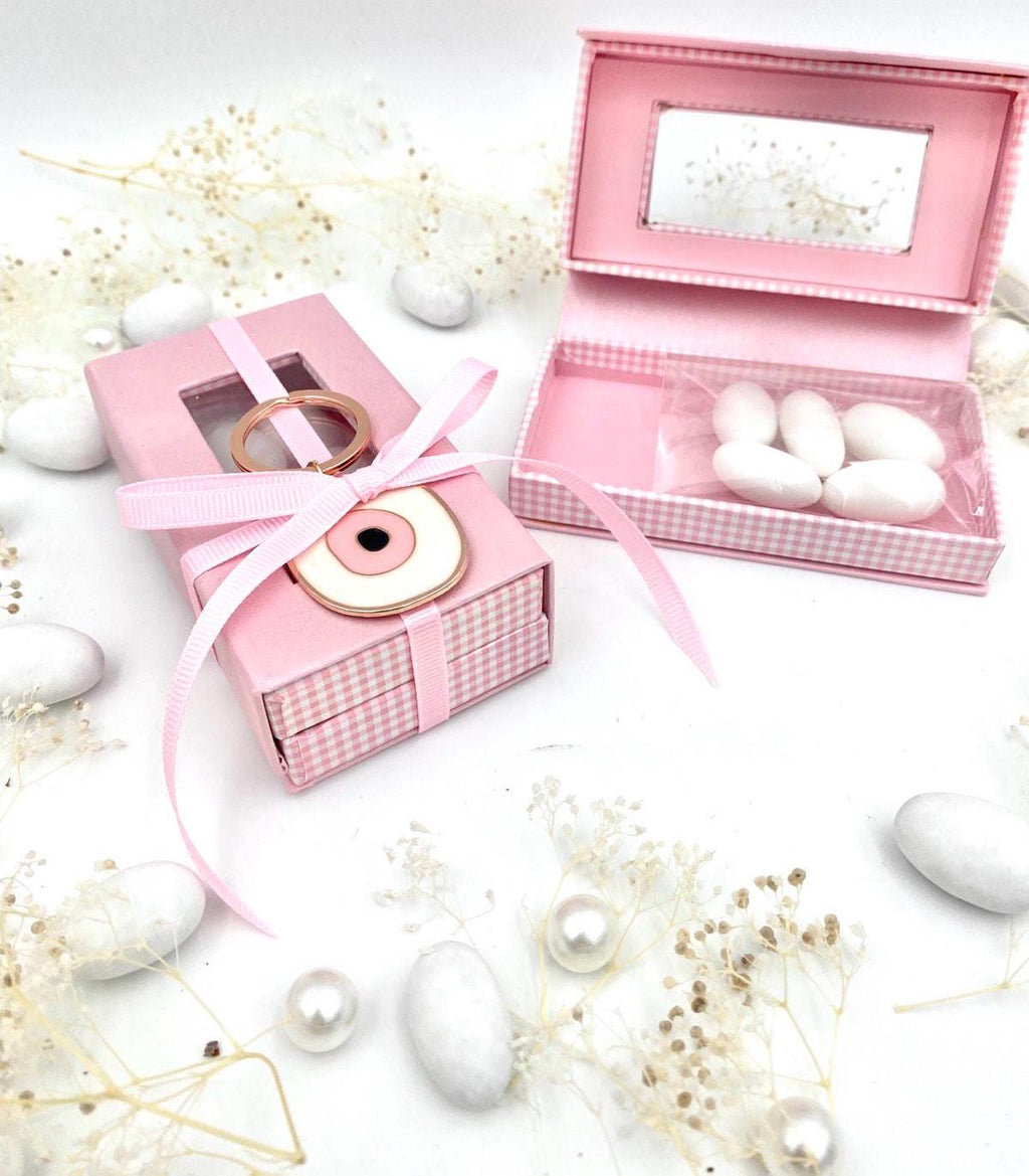 10 pcs, Greek baptism favors, Orthodox baptism ,Pink box favors, , evil Eye Keychain, Mpomponiera for girl, Bobonieres, Koufeta box baptism