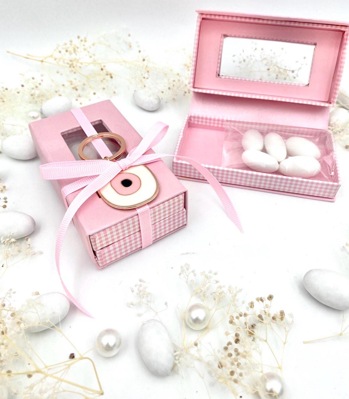 10 pcs, Greek baptism favors, Orthodox baptism ,Pink box favors, , evil Eye Keychain, Mpomponiera for girl, Bobonieres, Koufeta box baptism