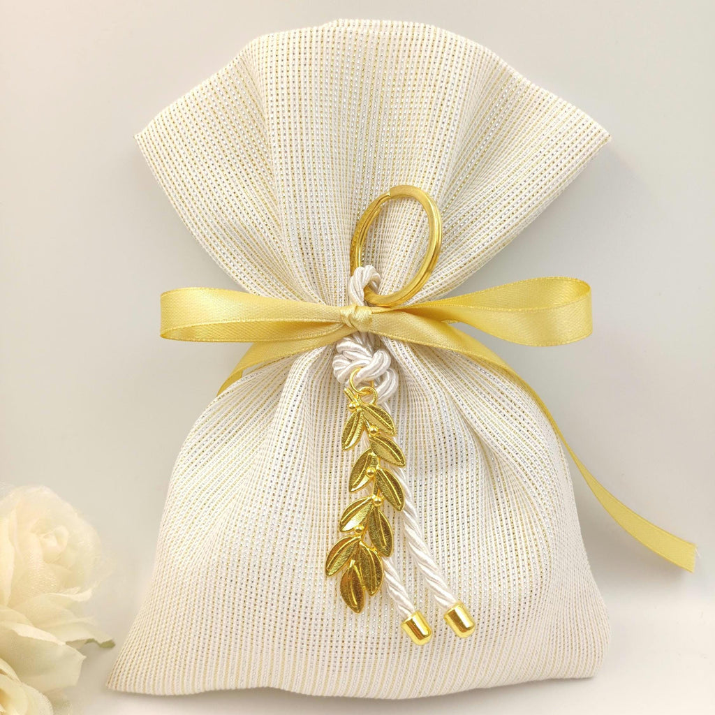 Gold ivory Wedding Favors  Olive key chain greek Bombonieres Orthodox baptism Unique Shimmering Wedding Favor jordan almond candy bag 10 pcs