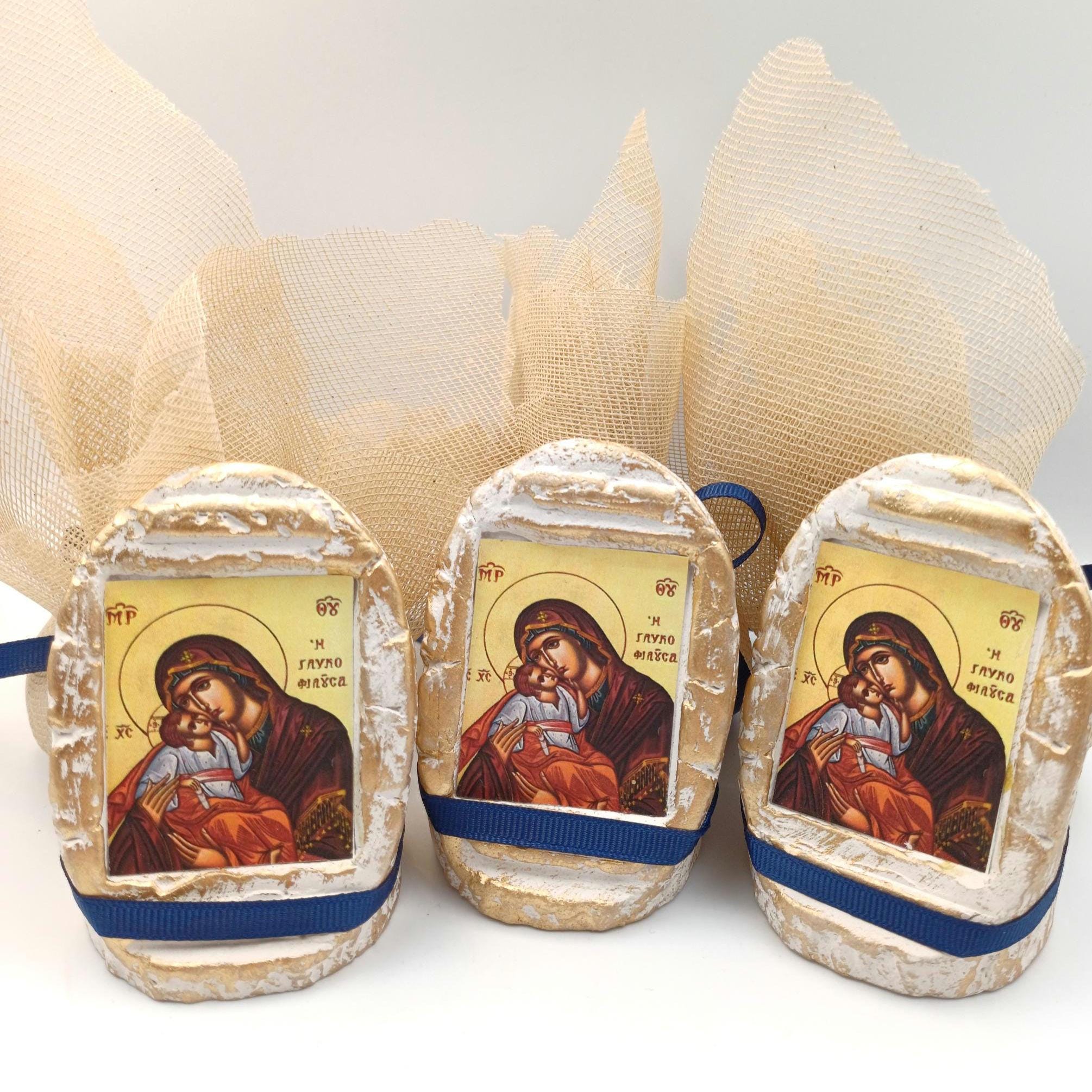 20 pcs, Greek Orthodox  baptism wedding boboniera, Tulle Mpomponiera, Christening ceramic icon favor  Panagia Boubouniera, Koufeta