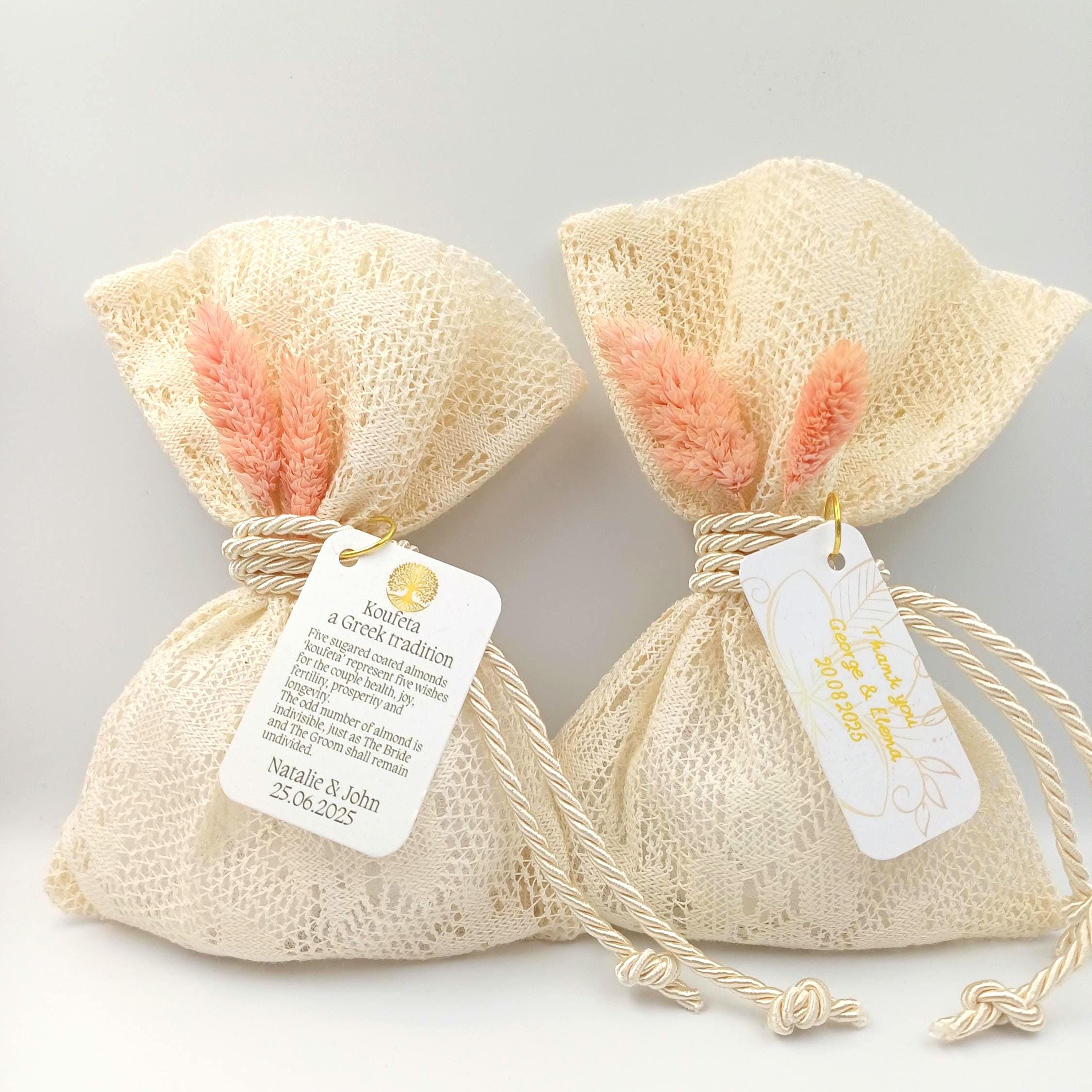 Lace favor Bags Personalized Wedding Favors,Greek bombonieres koufeta, Bridal shower favors , Almond candy gift Engagement favor, 10 pcs