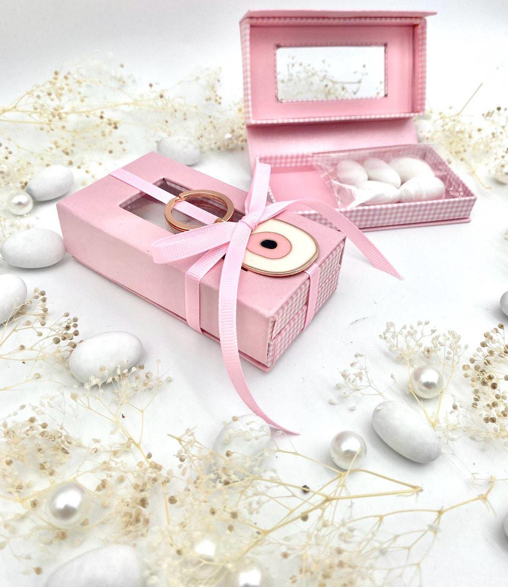 10 pcs, Greek baptism favors, Orthodox baptism ,Pink box favors, , evil Eye Keychain, Mpomponiera for girl, Bobonieres, Koufeta box baptism