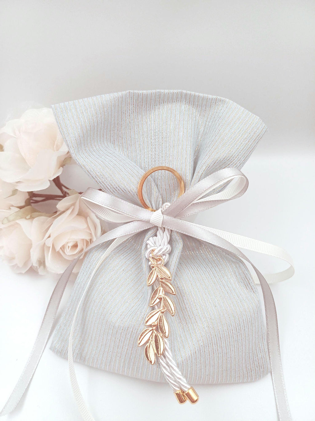 Greek Wedding Favors - Olive branch key chain Bombonieres -light blue and gold shade bags -Orthodox baptism - Unique Wedding Favor 10 pcs.