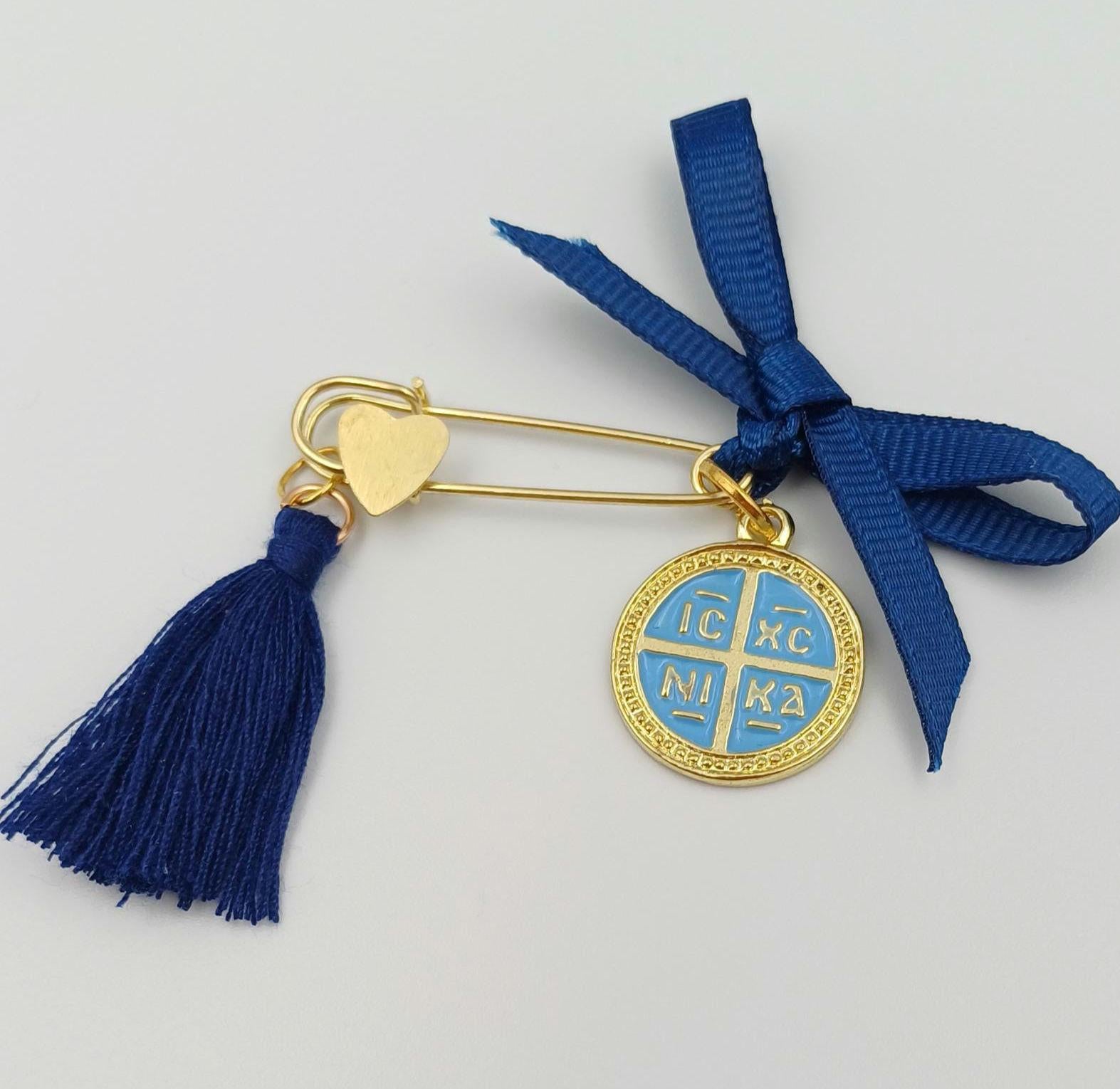 10 pcs, Cross Martyrika pins-Witness pins-safety pins-Greek Orthodox baptism favor boy- Konstantinato pin-martirika blue-Orthofox  favors