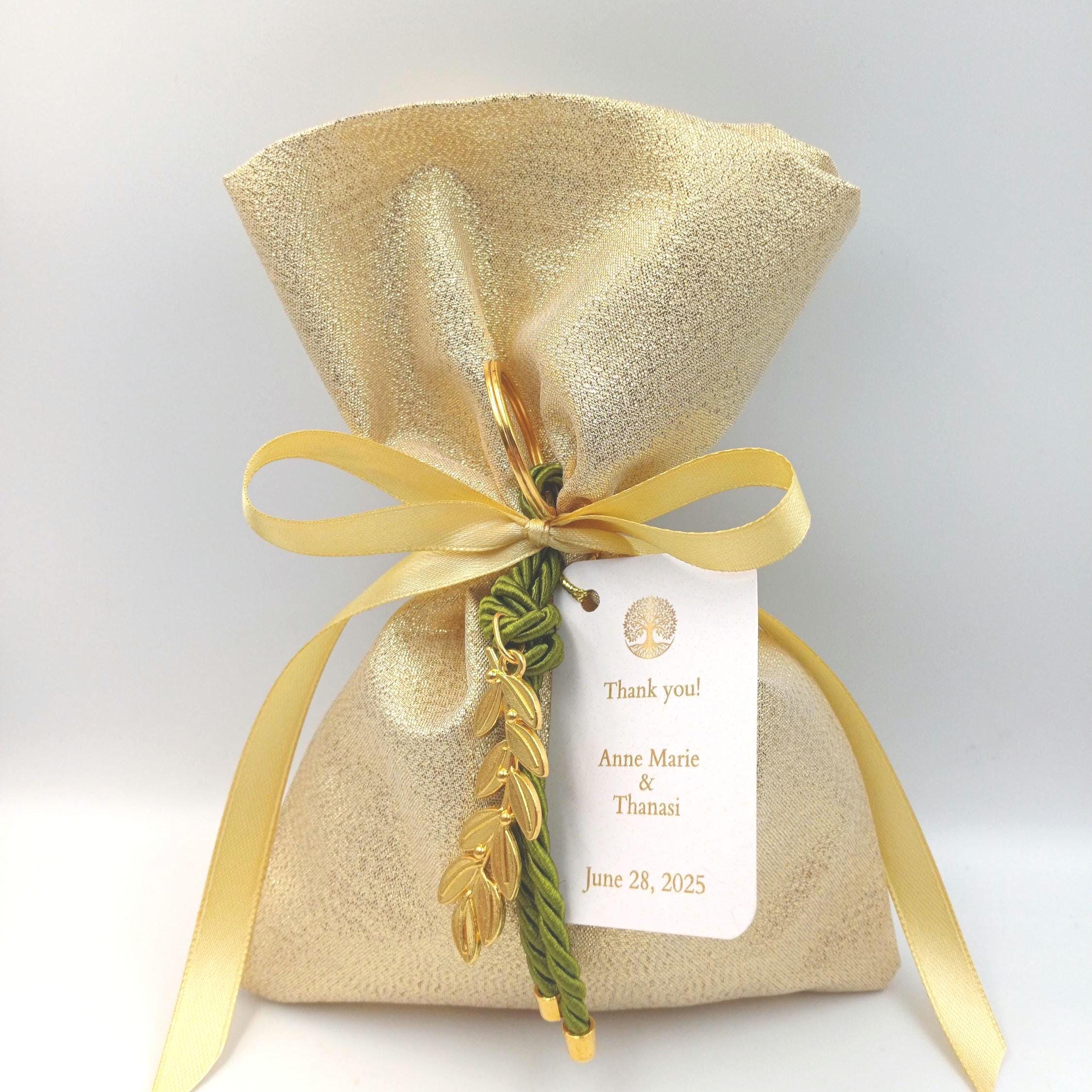 10 pcs, Gold Wedding Favor Bag, Greek bombonieres with Olive branch key chain Koufeta ,Orthodox baptism ,bridal shower gift, sweet 16 favors