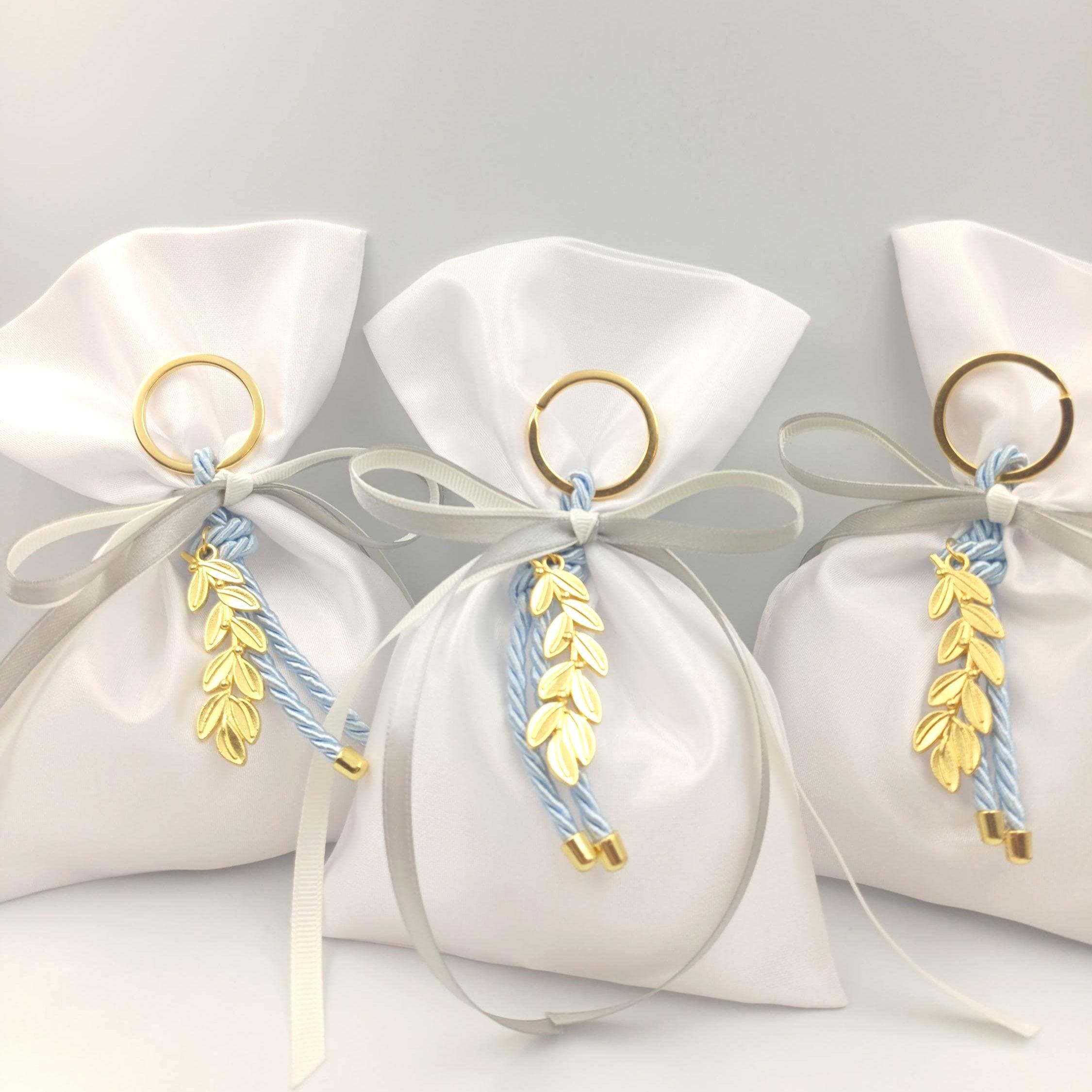 Greek Wedding Favors almond candy, Olive branch blue key chain Bombonieres Orthodox baptism favors , christening gift, koufeta bags 10 pcs.