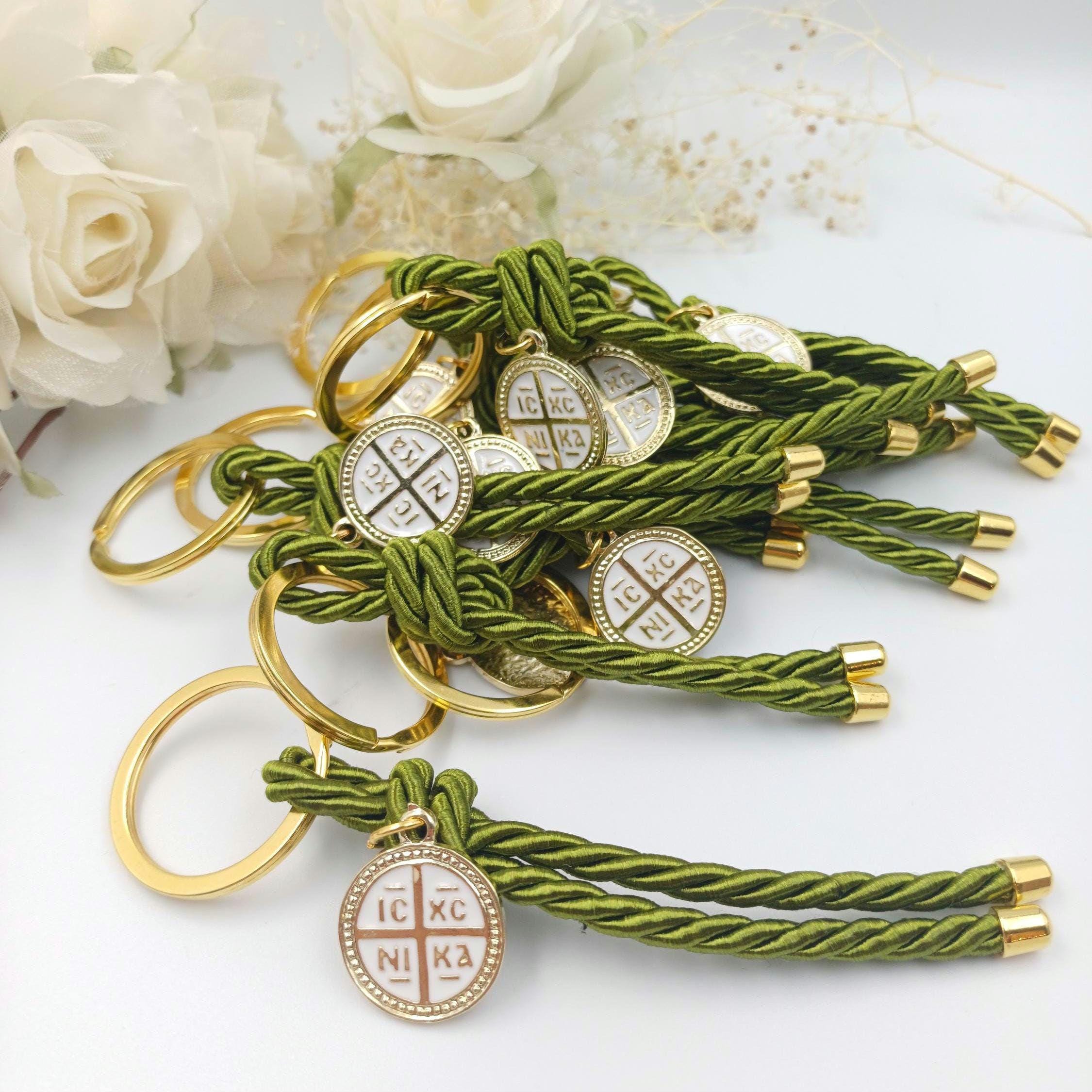 10 pcs, Olive favors Key chain cross baptism favors, Greek wedding witness gifts, Orthodox baptism olive green Martyrika konstantinato cross