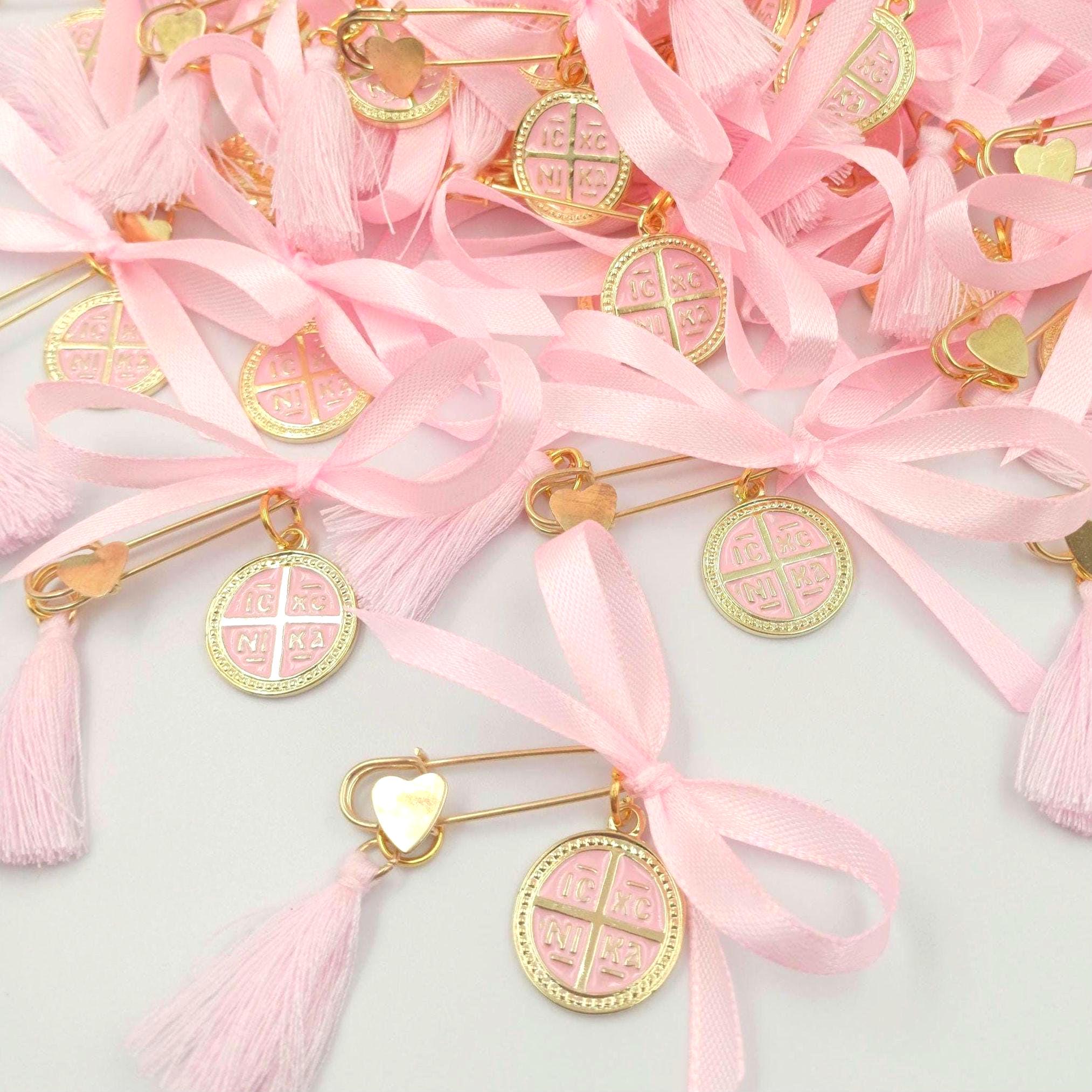 Greek Baptism Pins for girl,  Martyrika Witness Pins, Pink cross Baptism Favors, Greek Orthodox Baptism , First Communion Favors, 10 pcs.