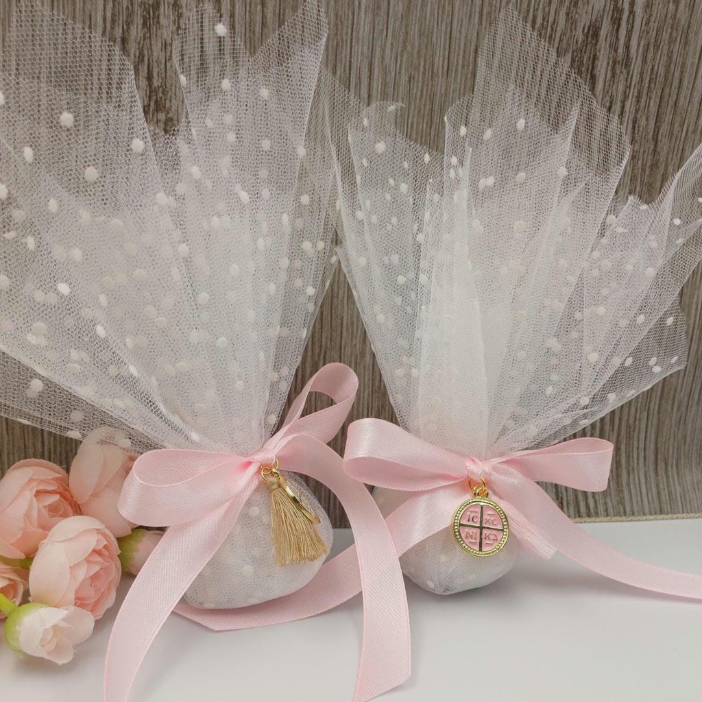 Baptism favors for guests girl Greek Orthodox cross tulle bobonieres,first communion favors koufeta sugared almond ,baptism souvenir, 10 pcs