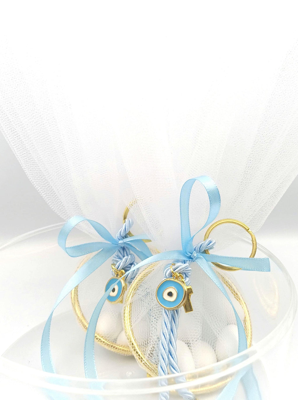 10 pcs, Greek baptism Mpomponieres ,Ring Tulle Bags, Boy baptism, Christening  favor, Evil eye  Bombonieres, almond candy bags,Martyrika