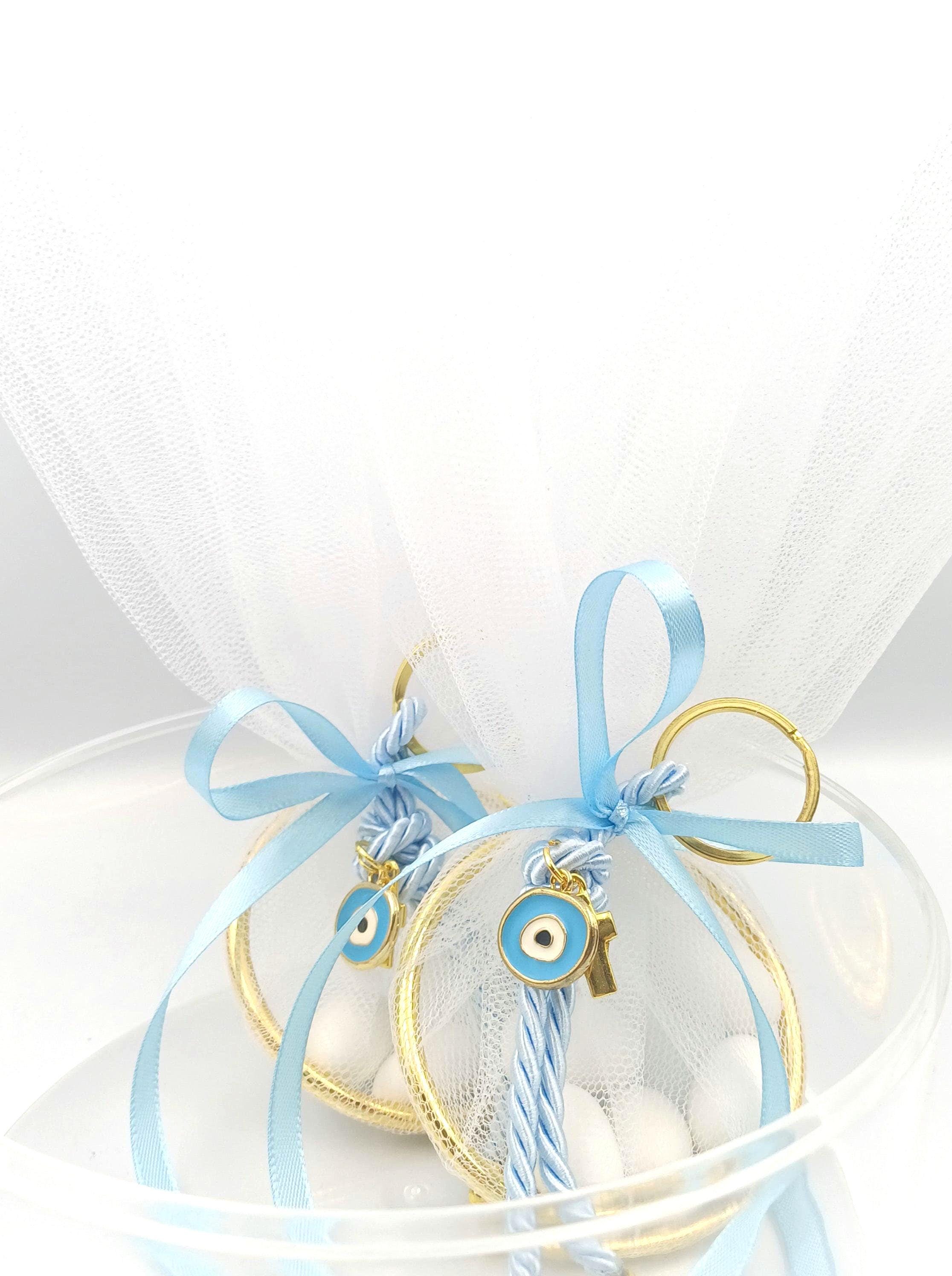 10 pcs, Greek baptism Mpomponieres ,Ring Tulle Bags, Boy baptism, Christening  favor, Evil eye  Bombonieres, almond candy bags,Martyrika