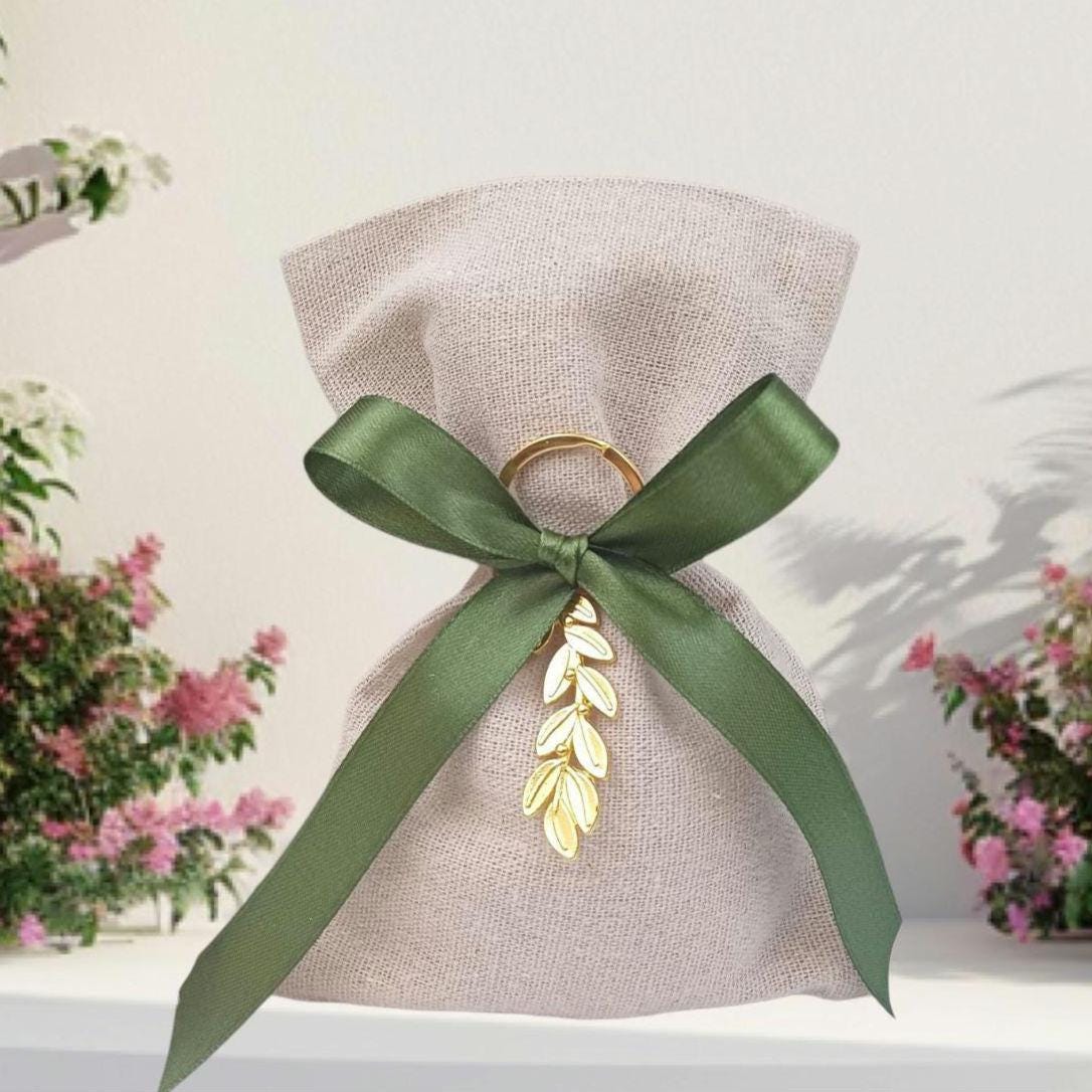 10 pcs Personalized Greek Wedding Favors – Olive Branch Bombonieres with Koufeta – Linen Pouches