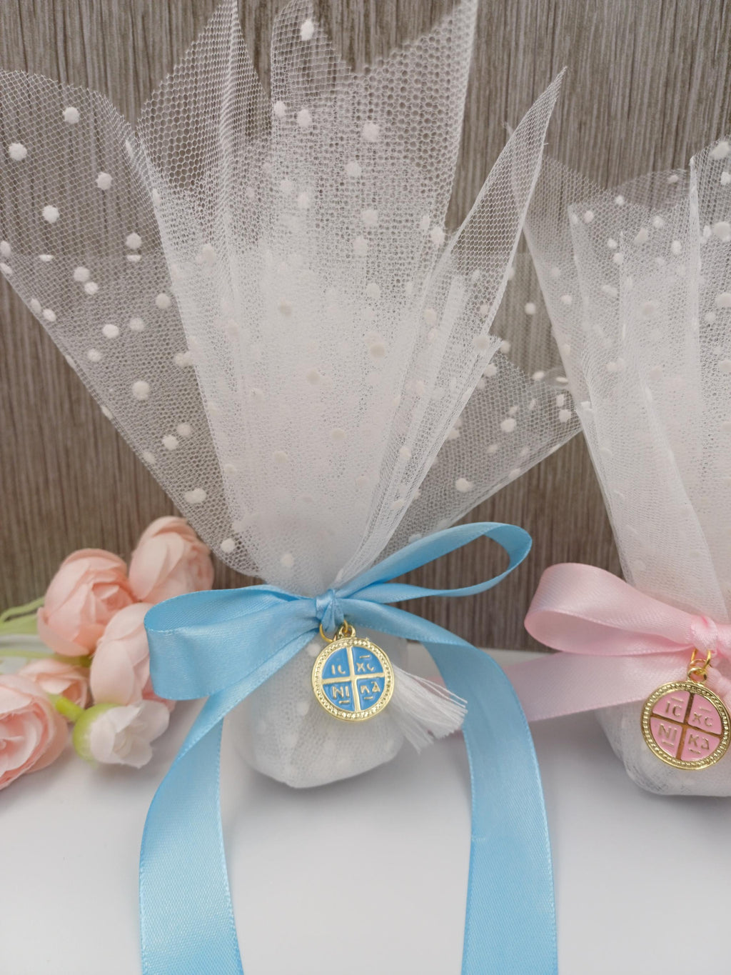 Baptism favors for guests girl Greek Orthodox cross tulle bobonieres,first communion favors koufeta sugared almond ,baptism souvenir, 10 pcs