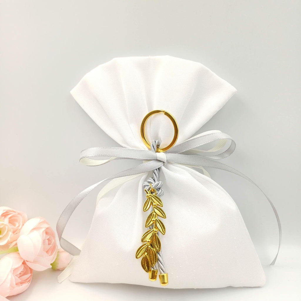Greek Wedding Favors - Olive branch key chain Bombonieres White bags with grey keychain-Orthodox baptism - Unique Wedding Favor 10 pcs.