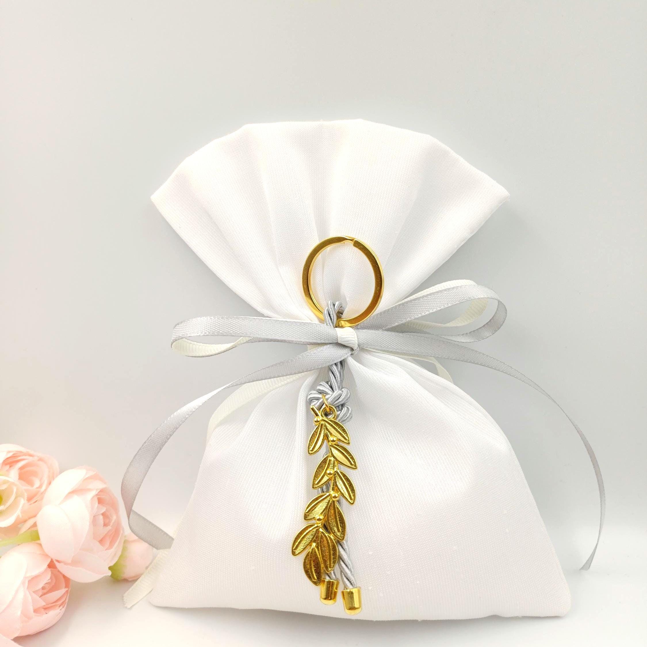 Greek Wedding Favors - Olive branch key chain Bombonieres White bags with grey keychain-Orthodox baptism - Unique Wedding Favor 10 pcs.