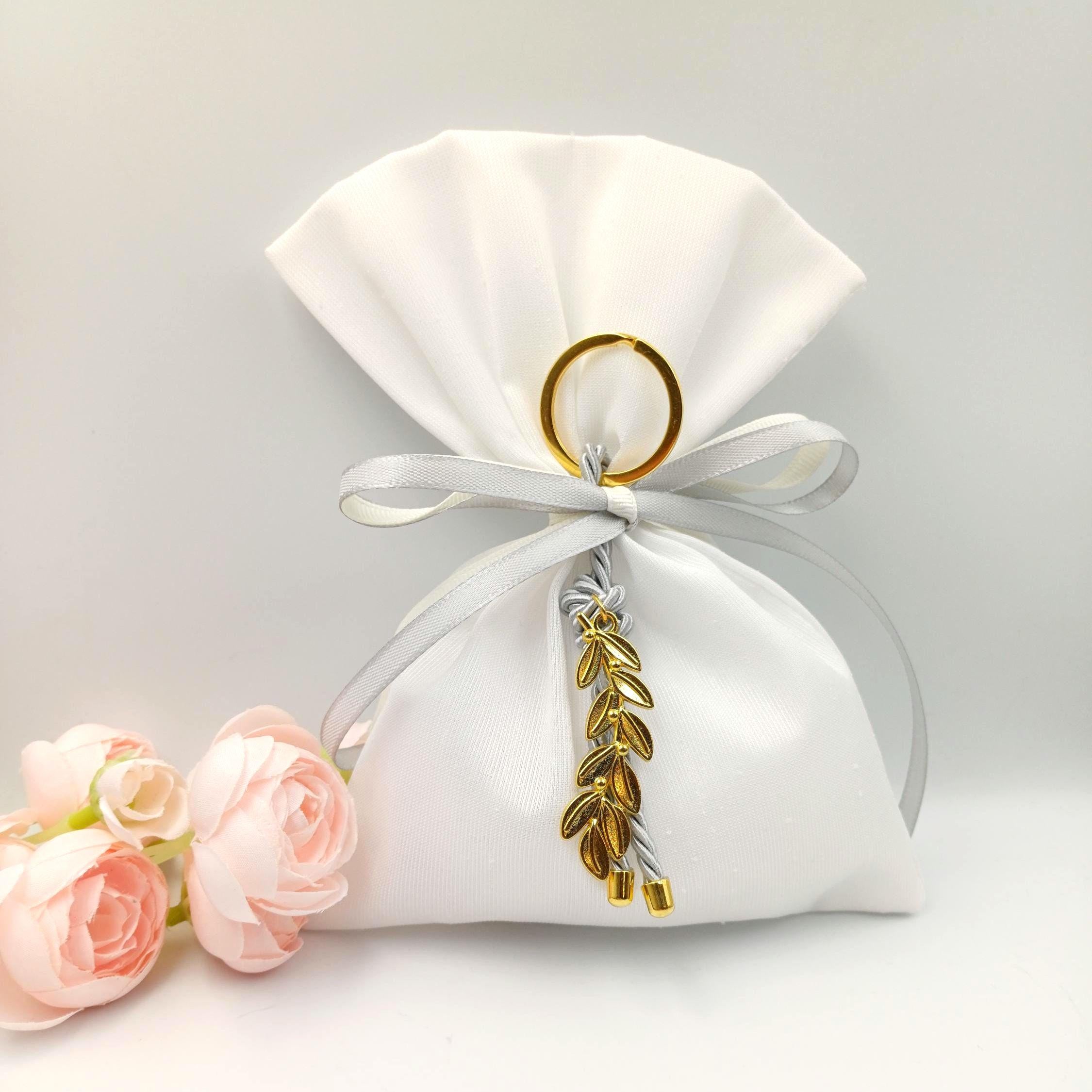 Greek Wedding Favors - Olive branch key chain Bombonieres White bags with grey keychain-Orthodox baptism - Unique Wedding Favor 10 pcs.