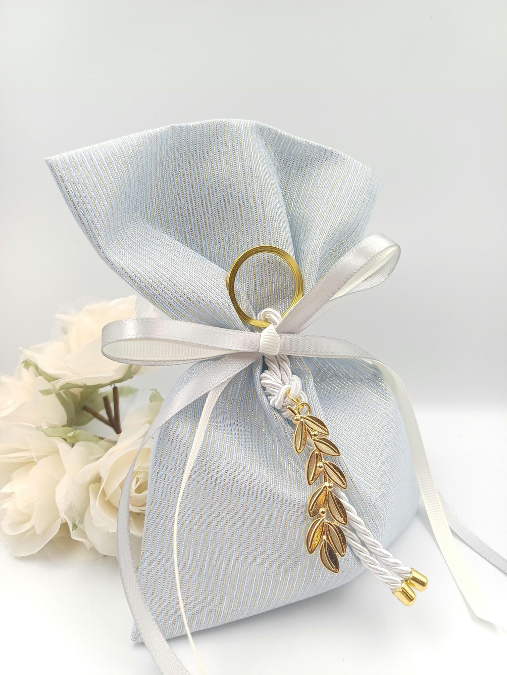 Greek Wedding Favors - Olive branch key chain Bombonieres -light blue and gold shade bags -Orthodox baptism - Unique Wedding Favor 10 pcs.