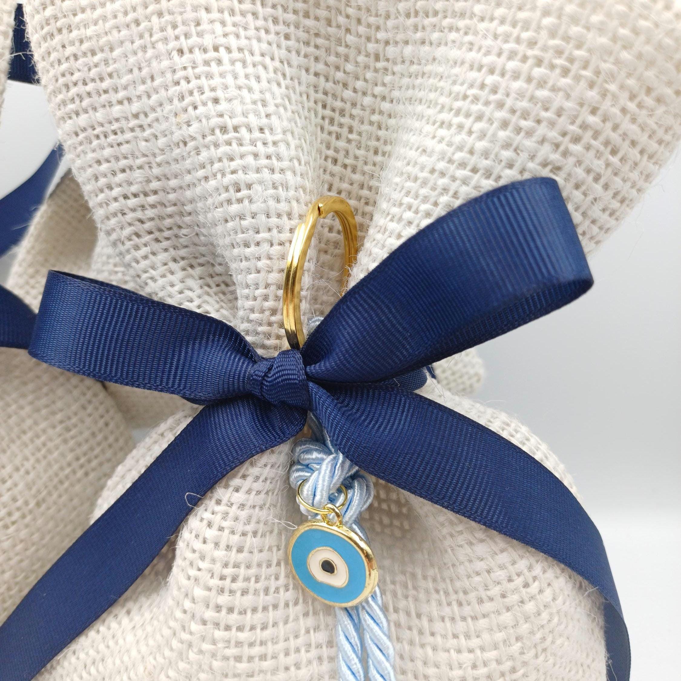 10 pcs, Baptism Almond Candy Favors, Greek Orthodox bombonieres, Baby Shower gifts ,Rustic Baptism Favors burlap bag, Evil eye keychain.