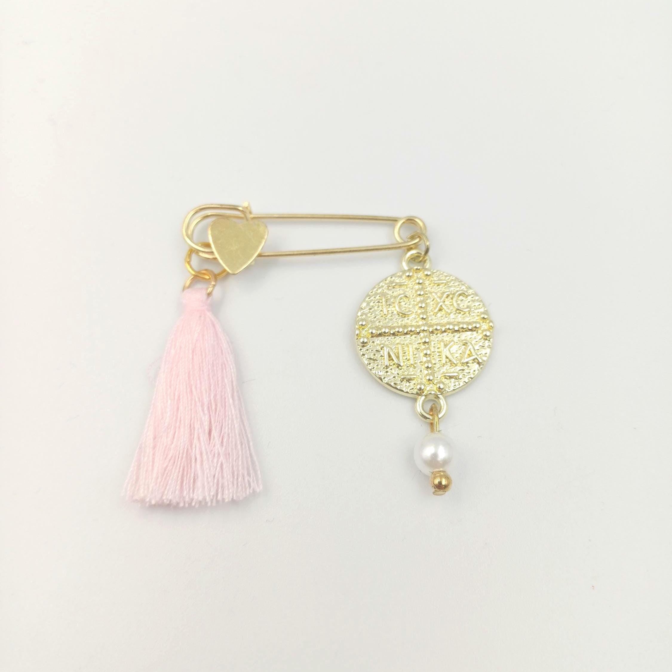 10pcs Greek Orthodox Martyrika Witness Pins – Gold Safety Pins with IC XC NIKA Cross, Pearl & Pink Tassel – Baptism or First Communion Favor
