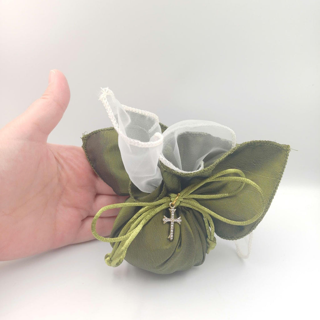 Baptism cross Favor olive green taffeta pouch, Greek Orthodox Wedding Bombonieres,bribal shower gift, traditional tulle koufeta bags, 10pcs.