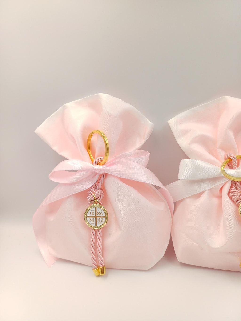 10 pcs, Greek Orthodox pink baptism boubounieres, Cross keychain Martyrika,Girl baptism, Koufeta, baptism favors,Koufeta Almond candy pouch.
