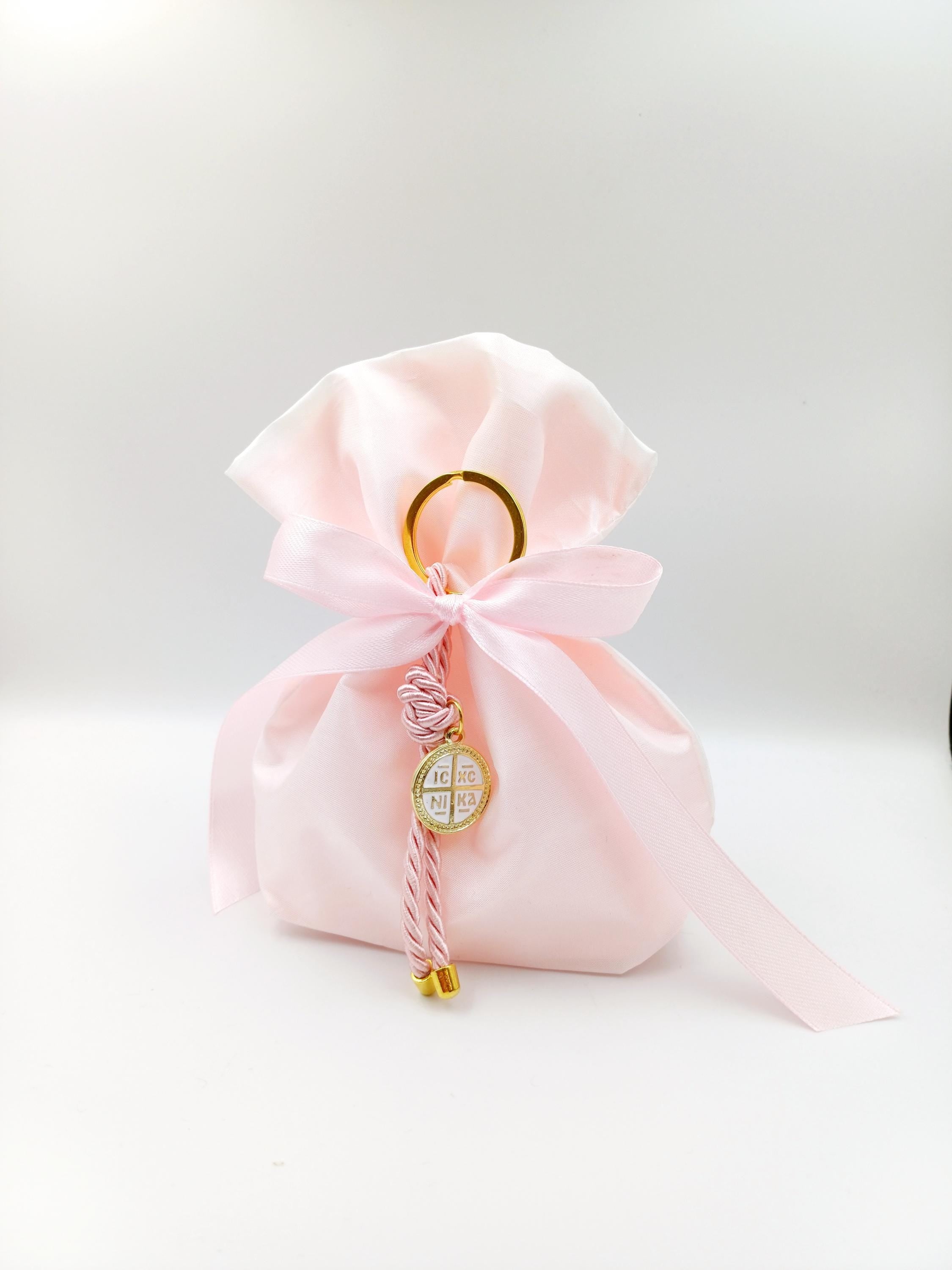 10 pcs, Greek Orthodox pink baptism boubounieres, Cross keychain Martyrika,Girl baptism, Koufeta, baptism favors,Koufeta Almond candy pouch.